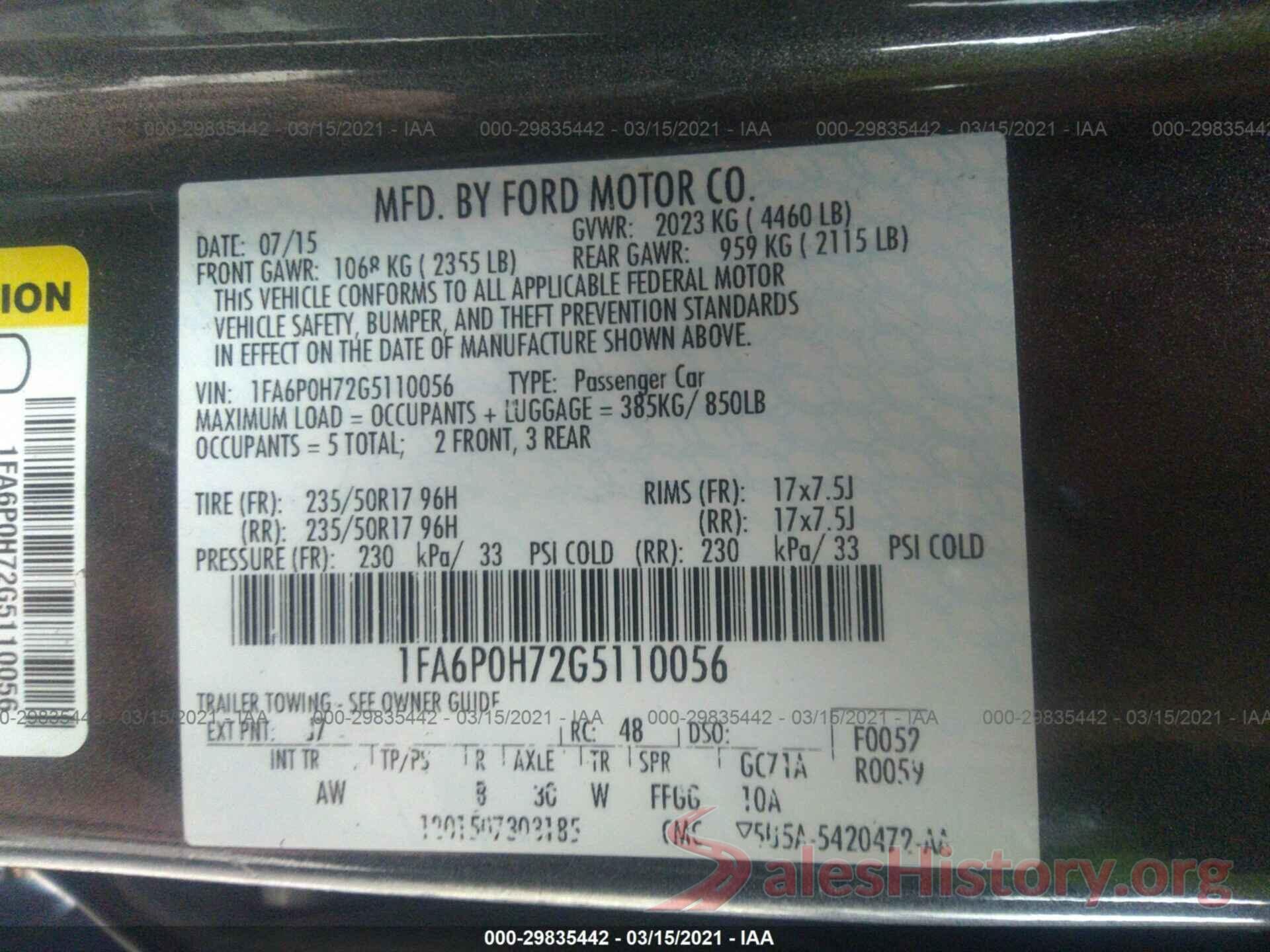 1FA6P0H72G5110056 2016 FORD FUSION