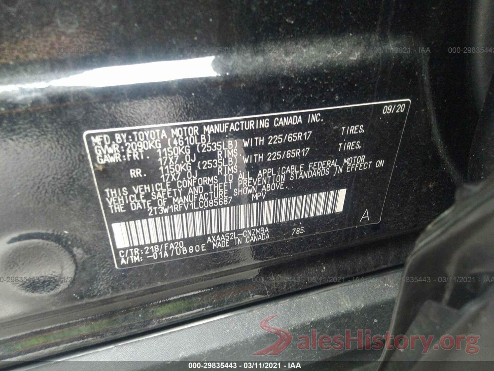 2T3W1RFV1LC085687 2020 TOYOTA RAV4