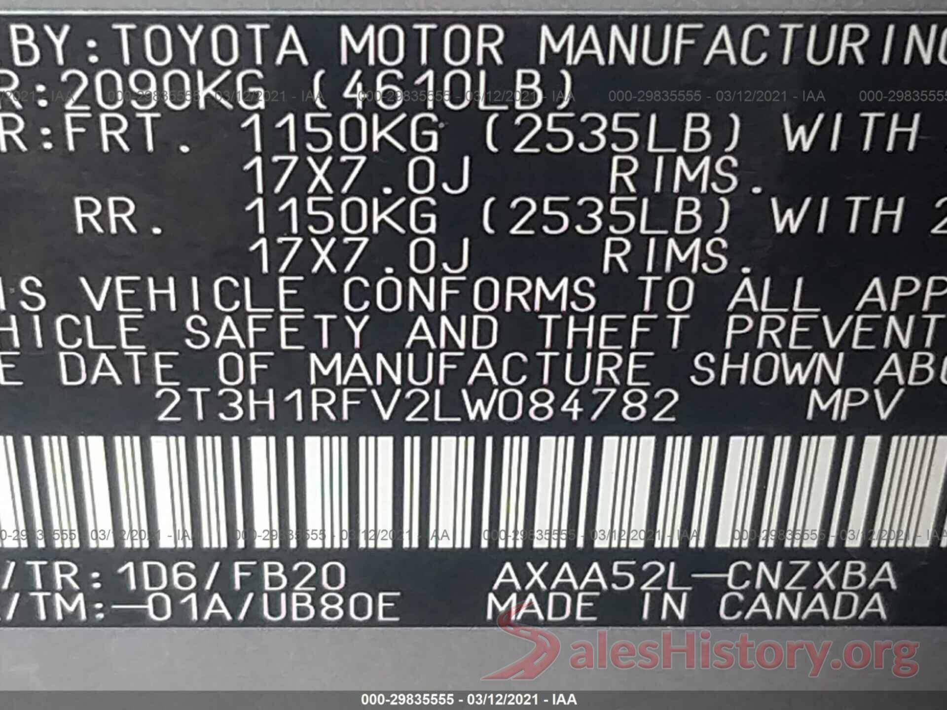 2T3H1RFV2LW084782 2020 TOYOTA RAV4