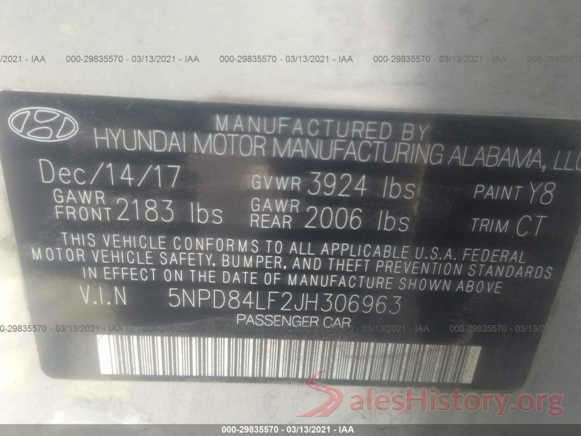 5NPD84LF2JH306963 2018 HYUNDAI ELANTRA