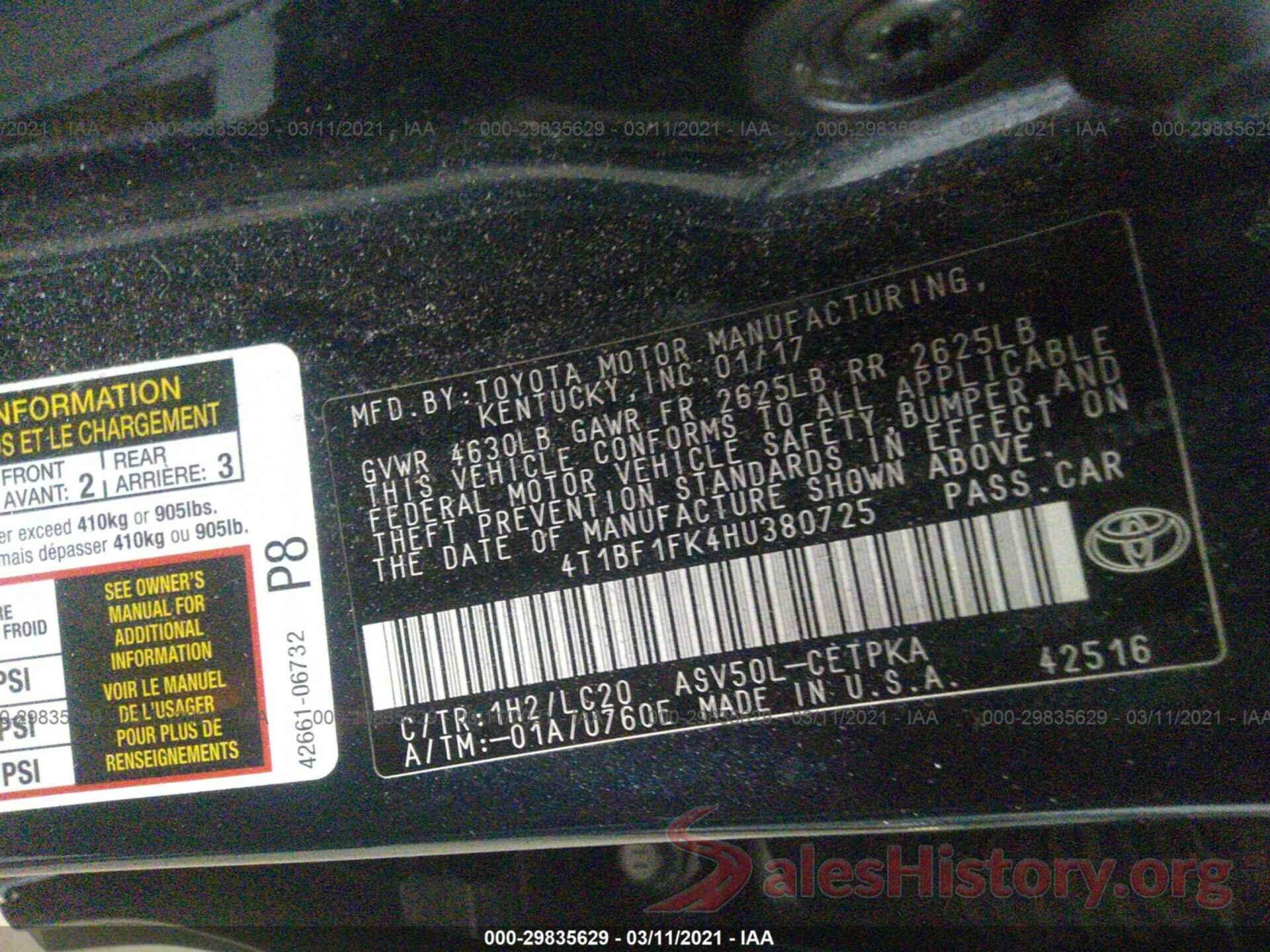 4T1BF1FK4HU380725 2017 TOYOTA CAMRY