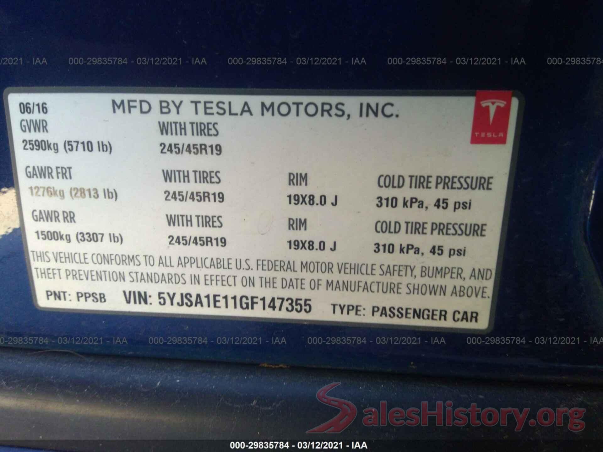 5YJSA1E11GF147355 2016 TESLA MODEL S