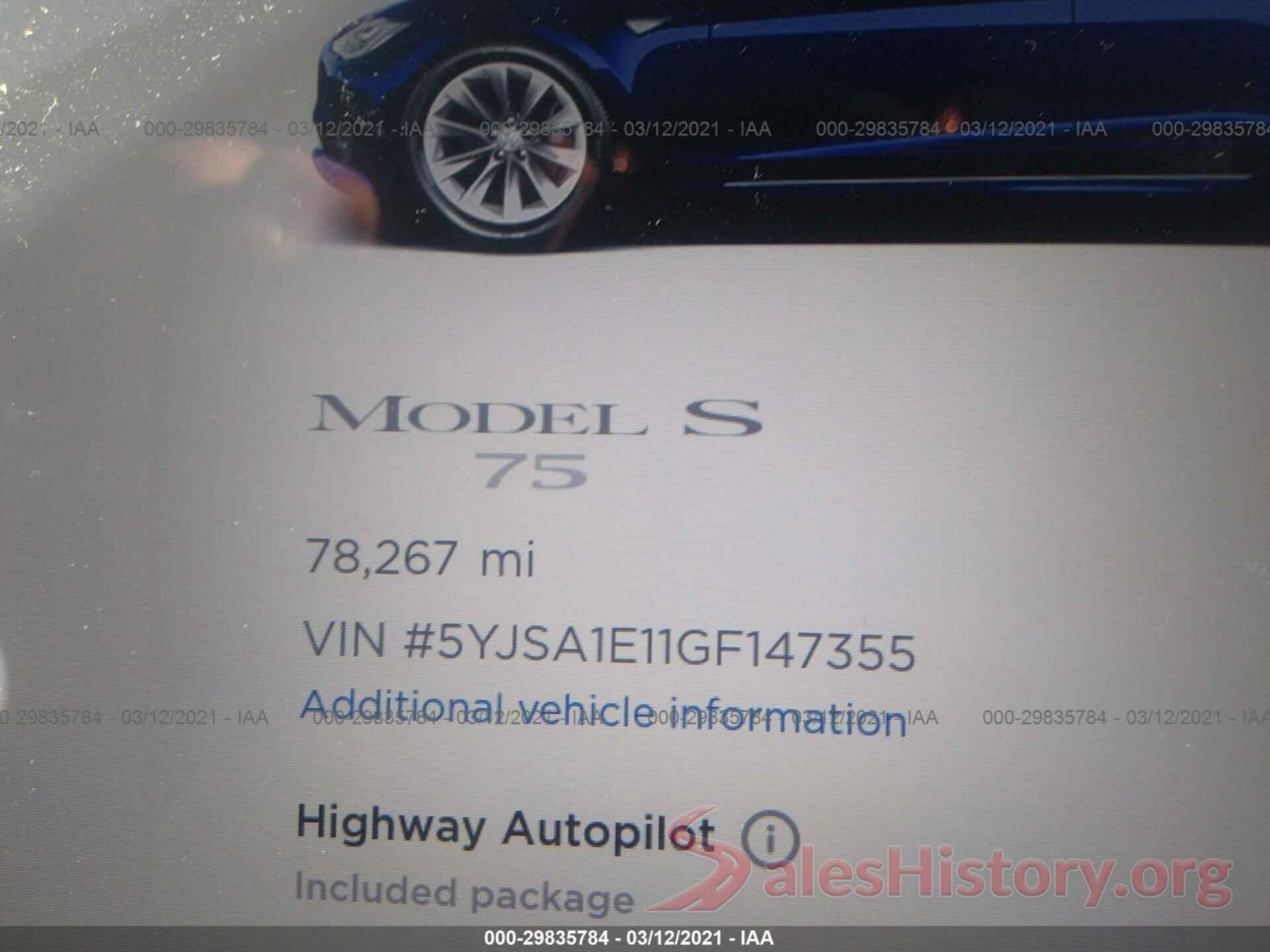 5YJSA1E11GF147355 2016 TESLA MODEL S