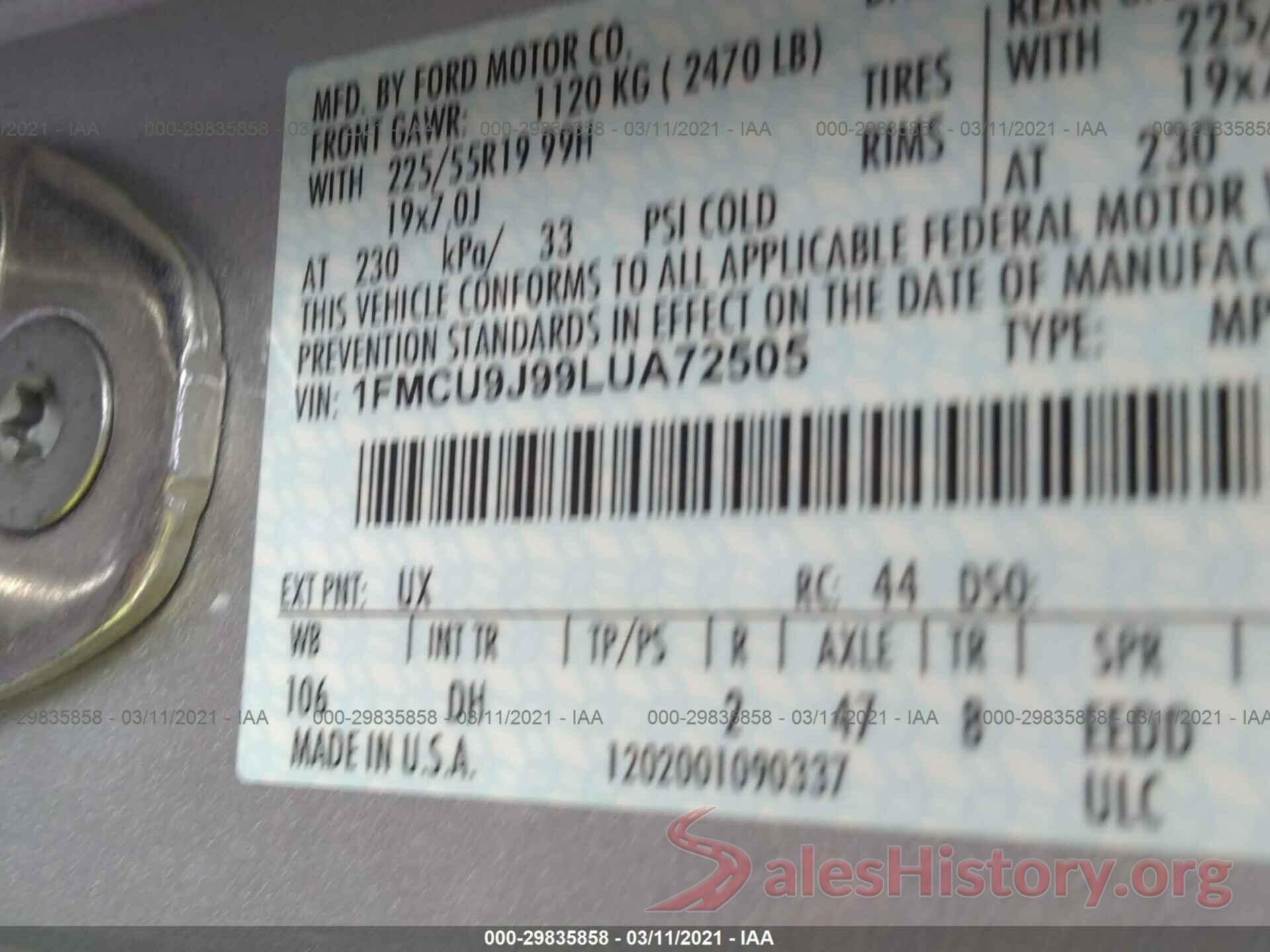 1FMCU9J99LUA72505 2020 FORD ESCAPE