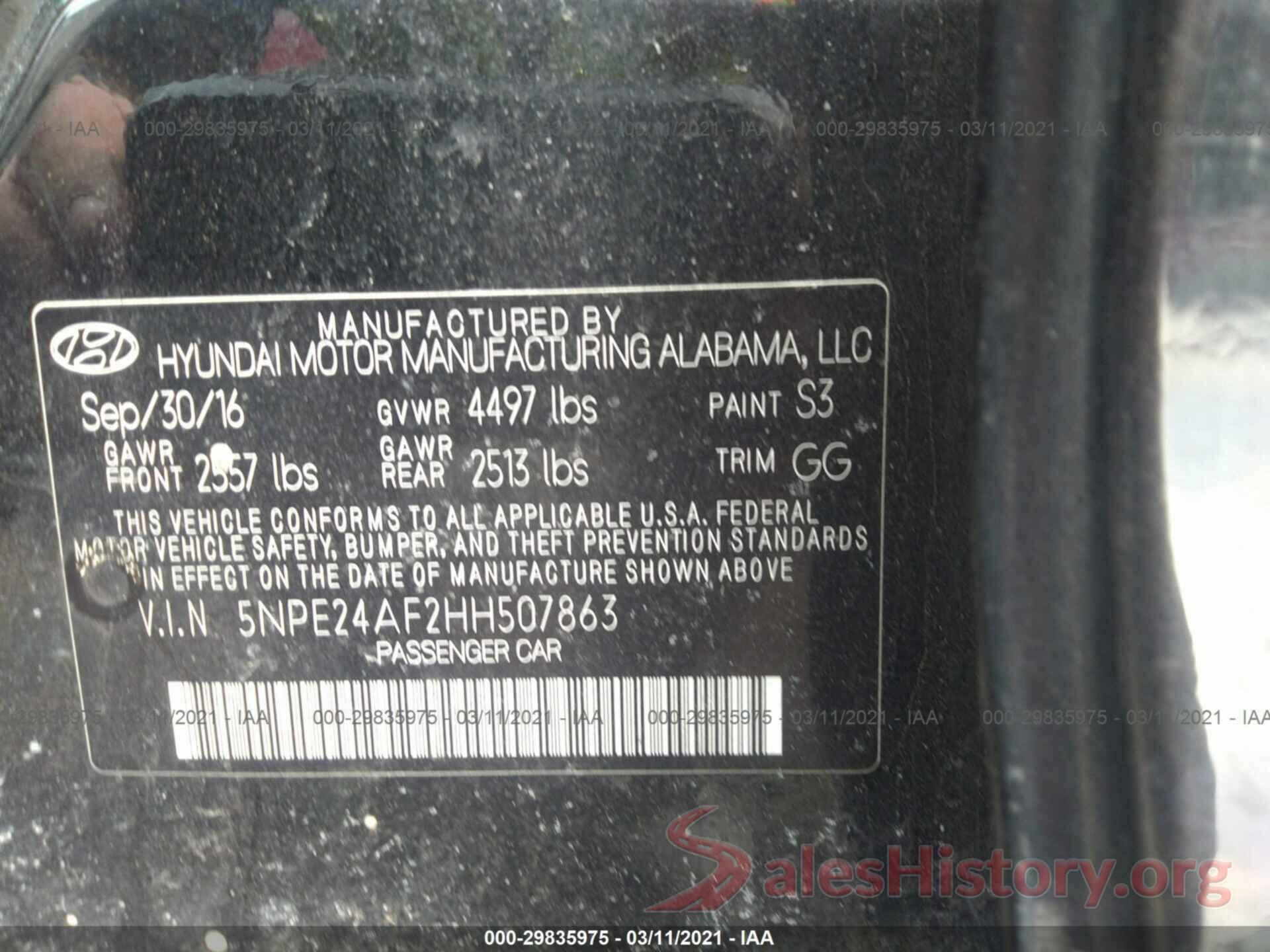 5NPE24AF2HH507863 2017 HYUNDAI SONATA