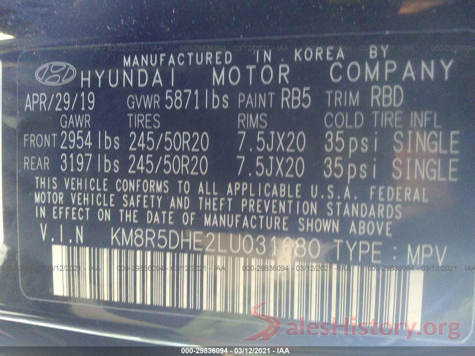 KM8R5DHE2LU031680 2020 HYUNDAI PALISADE