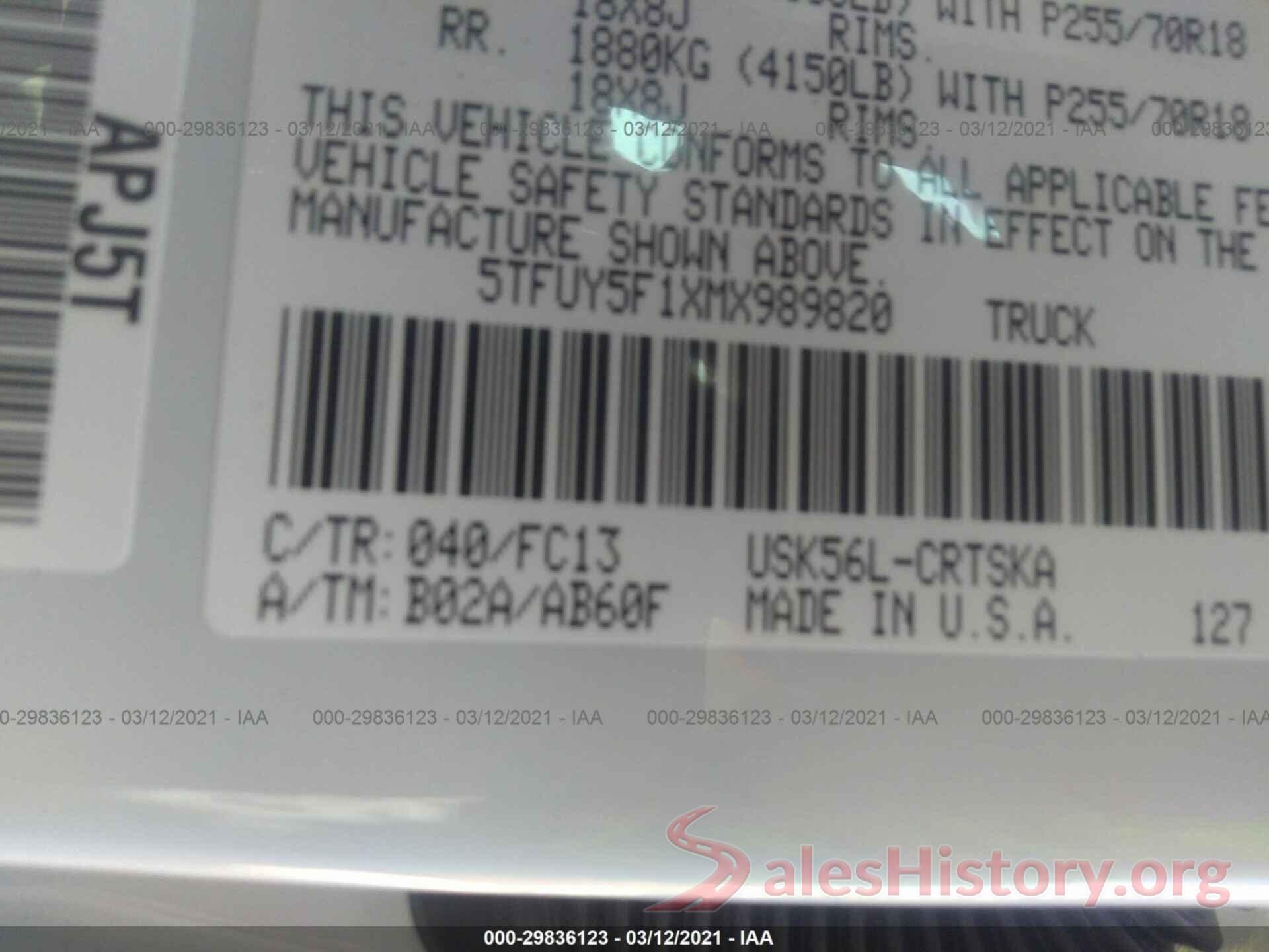 5TFUY5F1XMX989820 2021 TOYOTA TUNDRA 4WD