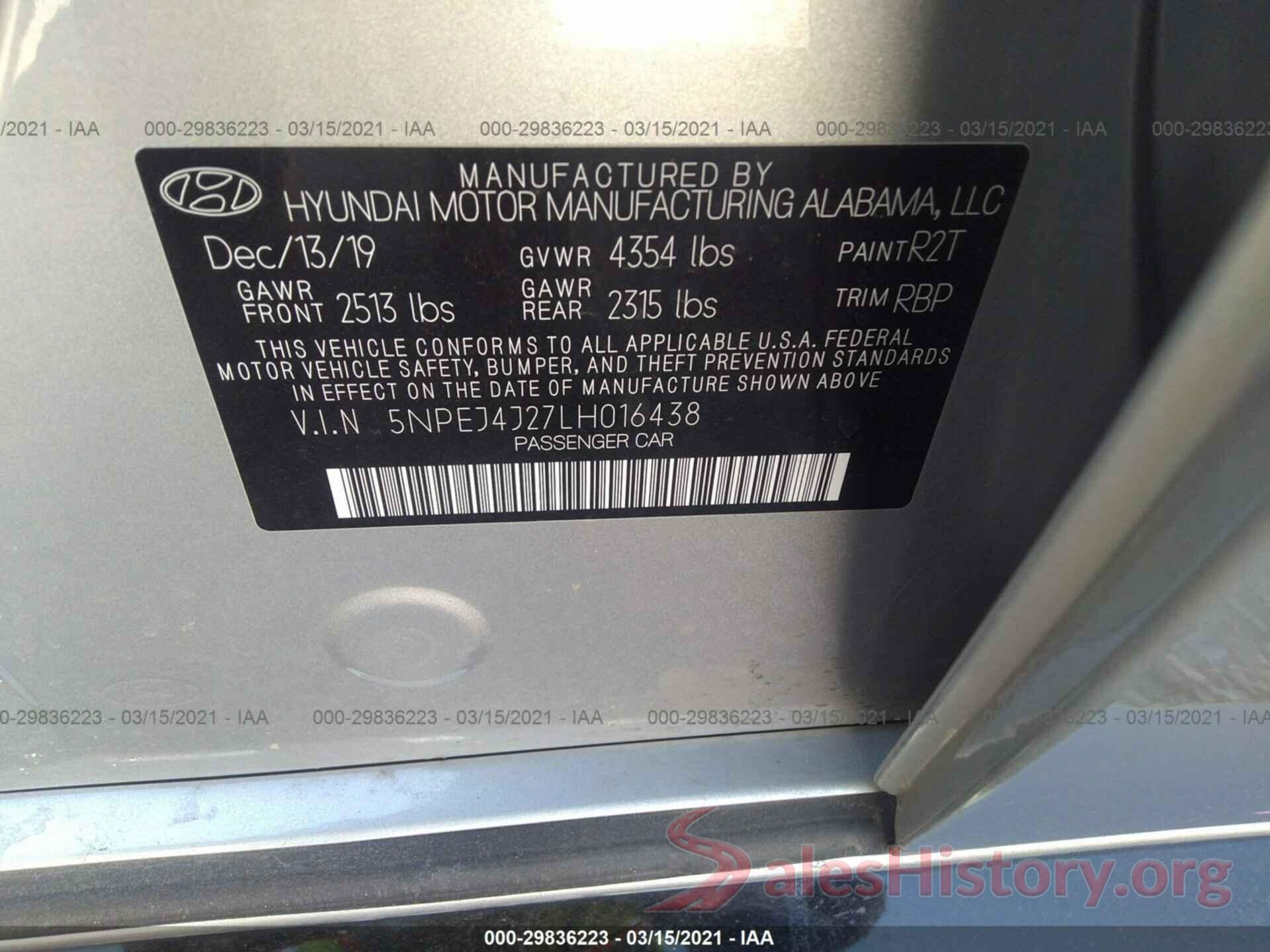 5NPEJ4J27LH016438 2020 HYUNDAI SONATA