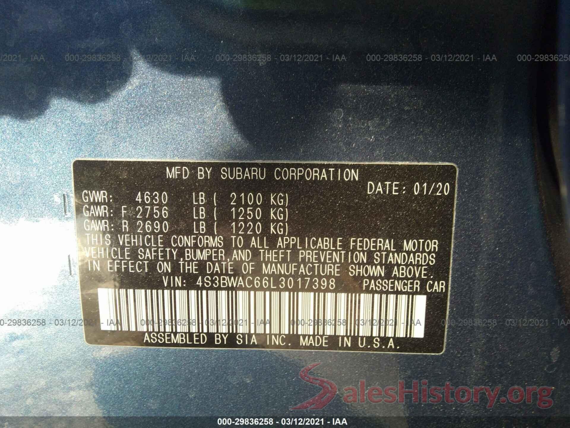 4S3BWAC66L3017398 2020 SUBARU LEGACY