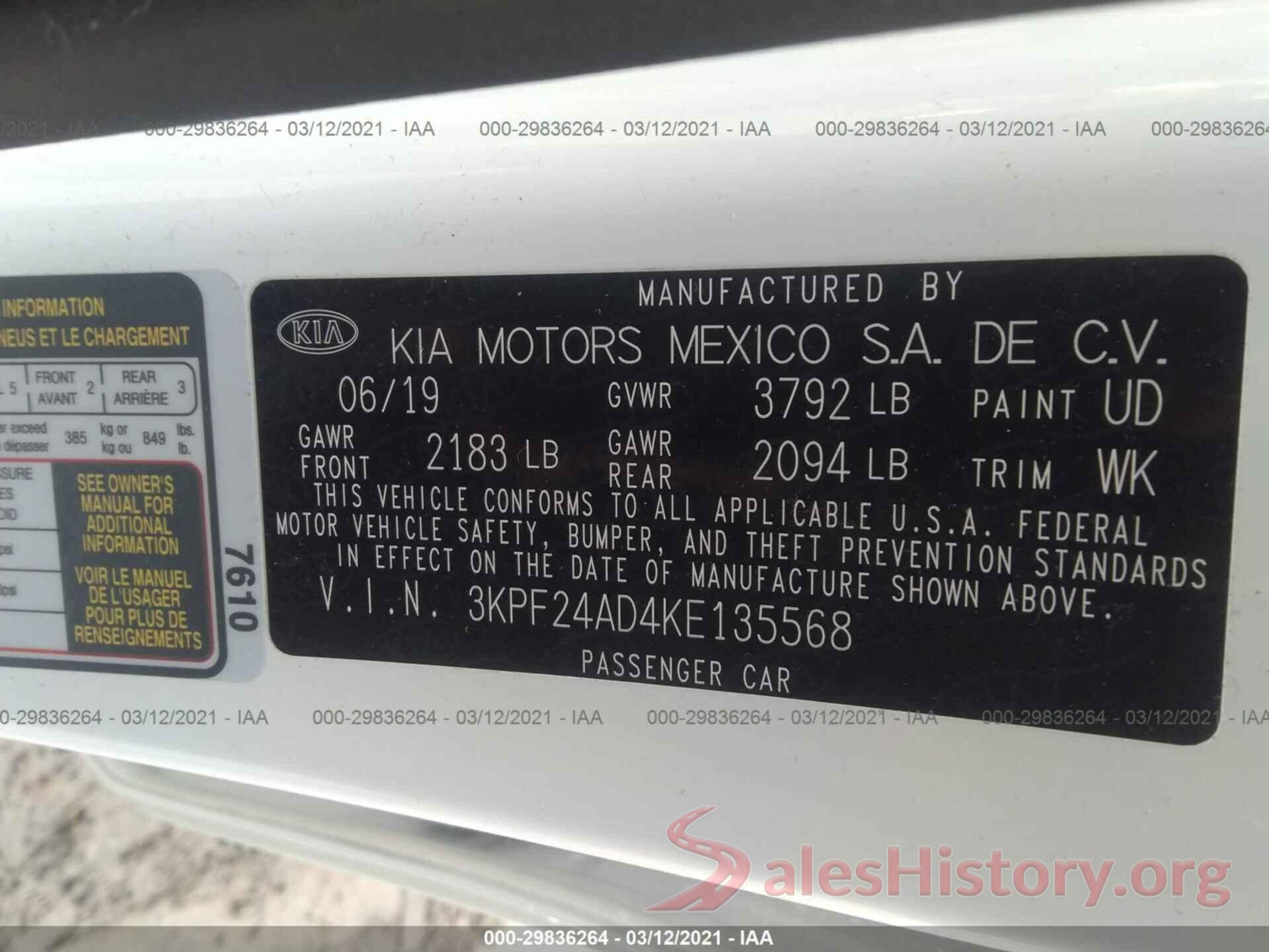 3KPF24AD4KE135568 2019 KIA FORTE