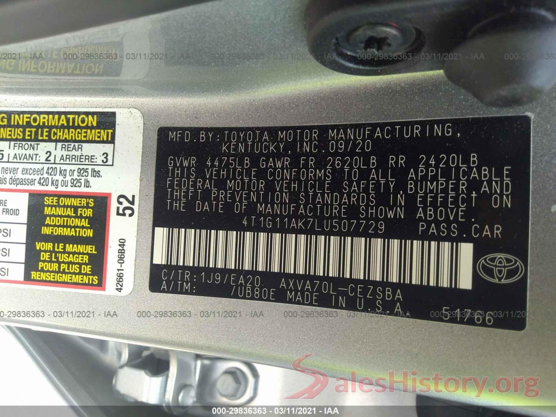 4T1G11AK7L4507729 2020 TOYOTA CAMRY