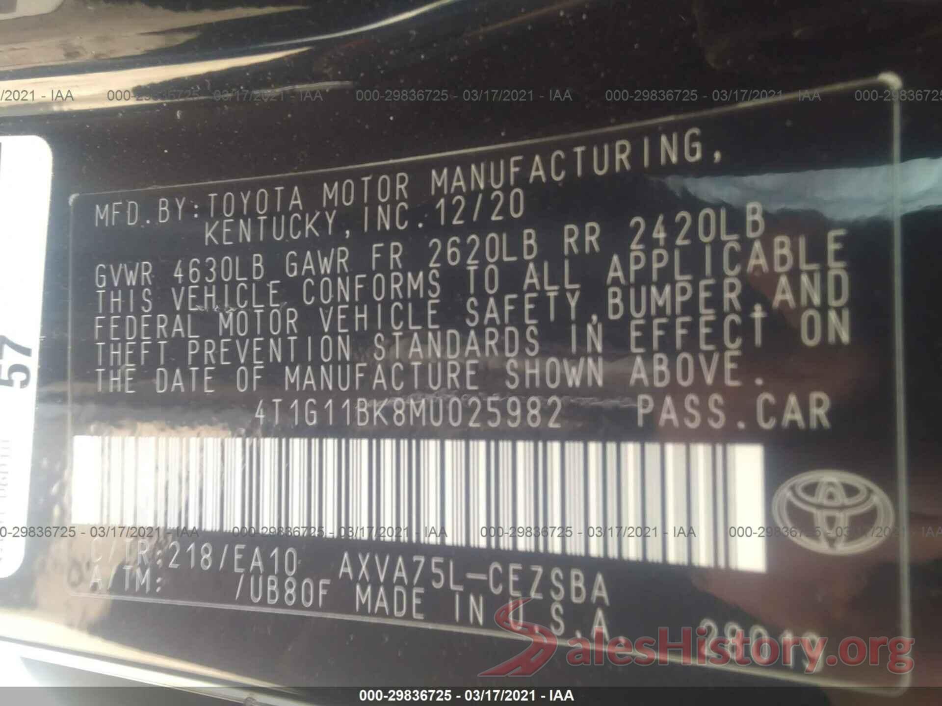 4T1G11BK8MU025982 2021 TOYOTA CAMRY