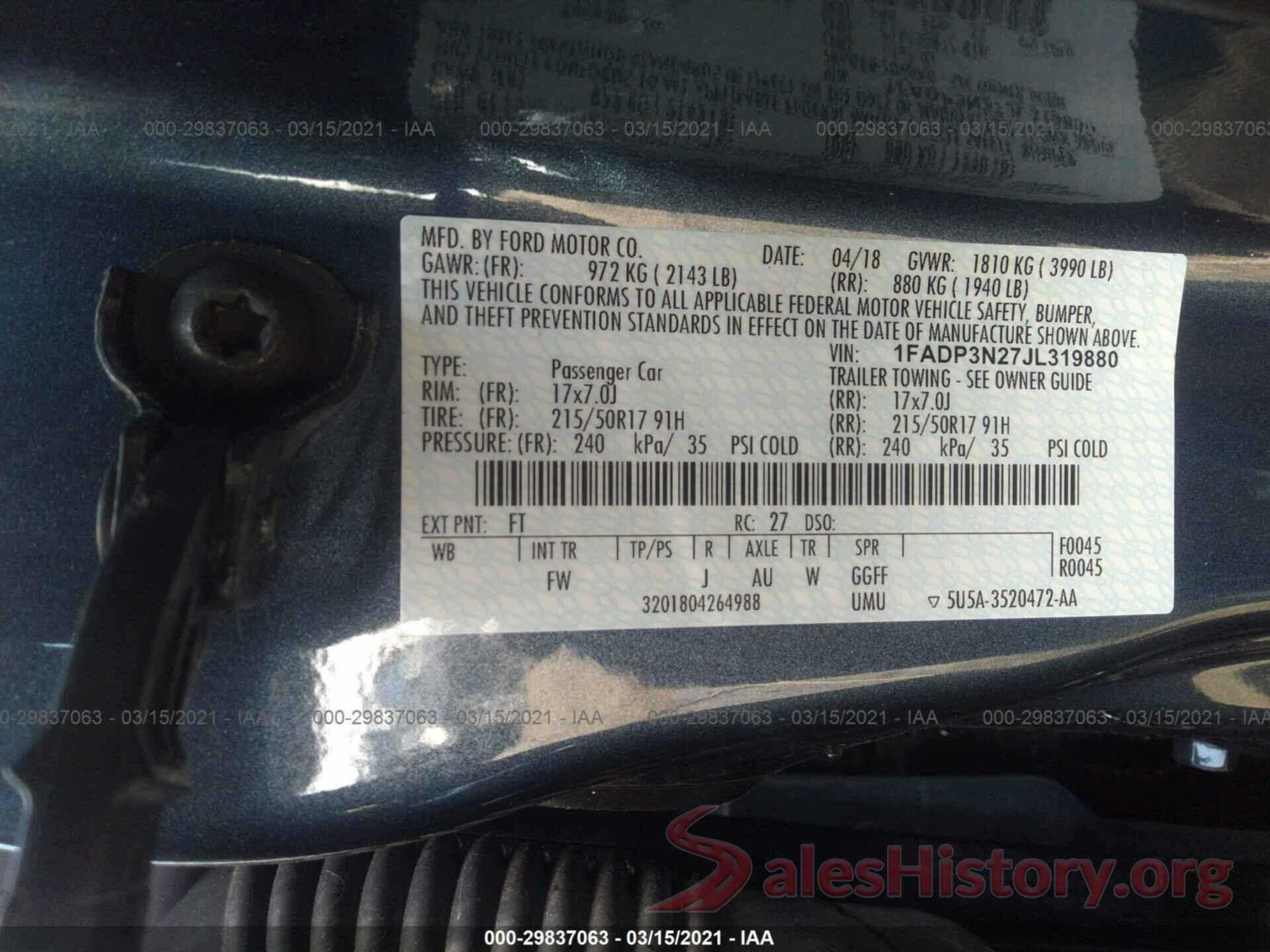 1FADP3N27JL319880 2018 FORD FOCUS