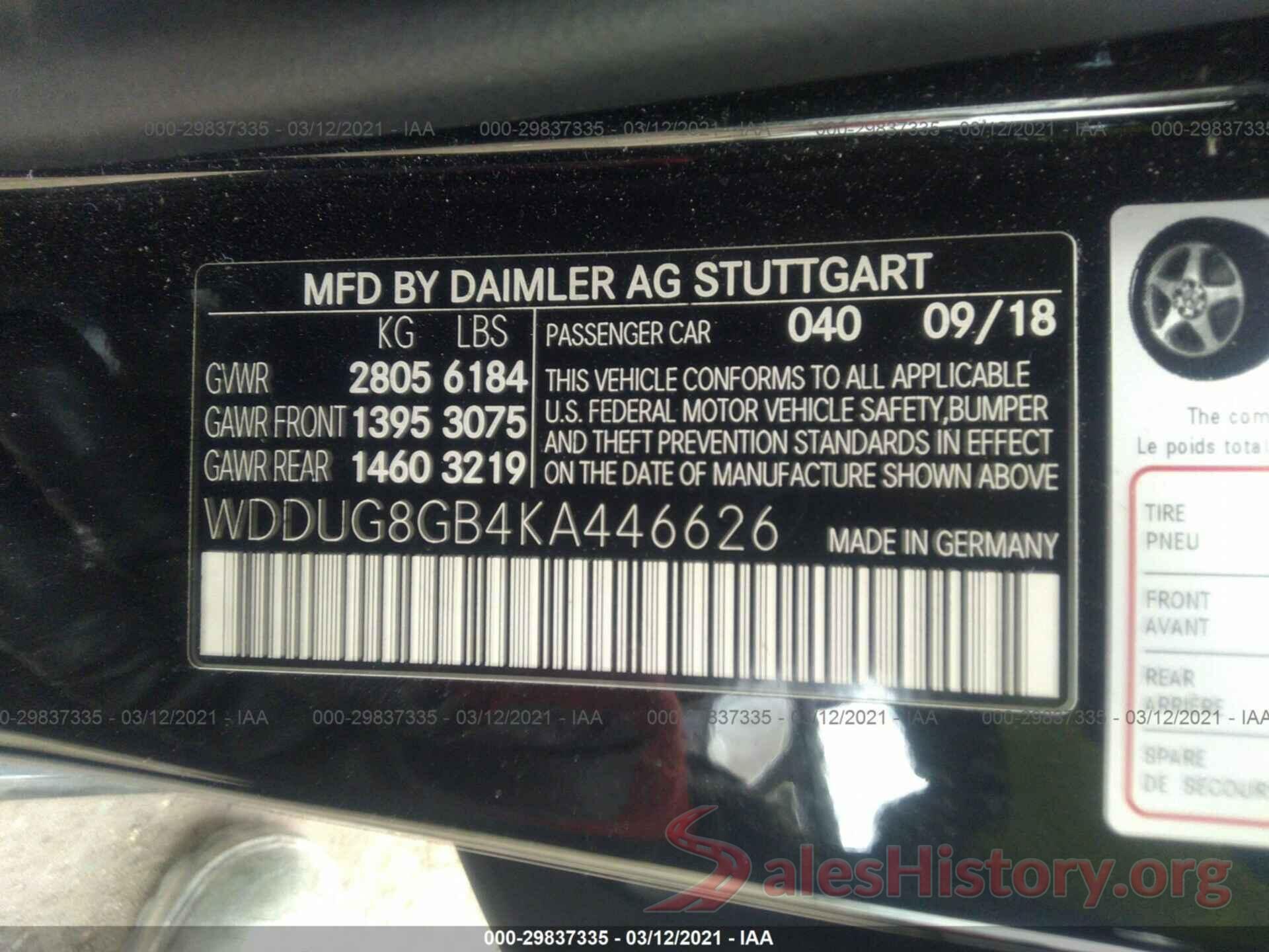 WDDUG8GB4KA446626 2019 MERCEDES-BENZ S-CLASS