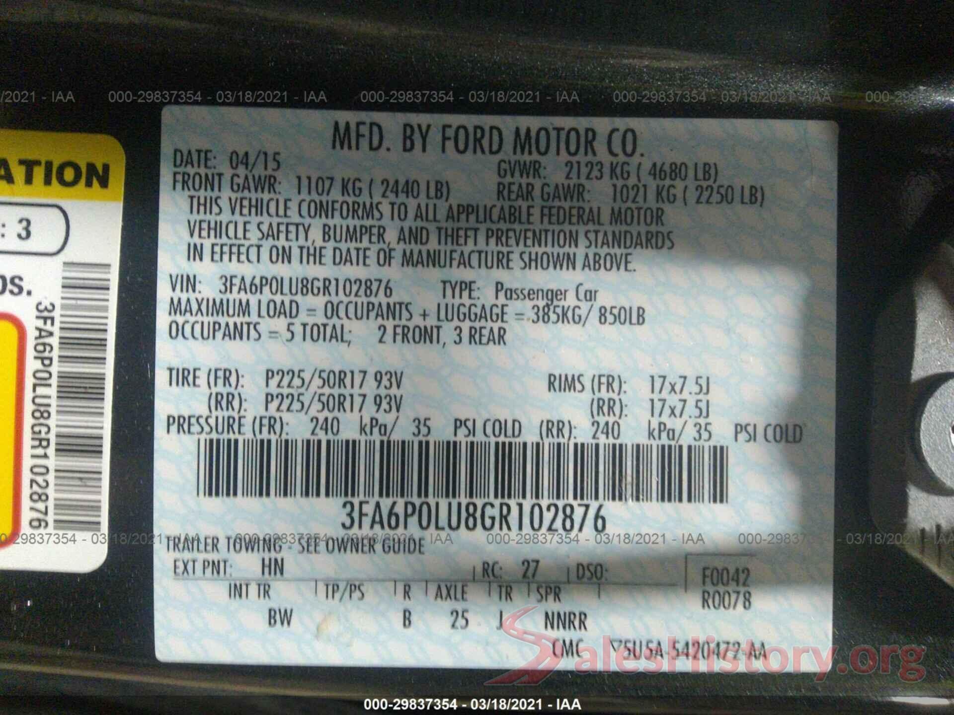 3FA6P0LU8GR102876 2016 FORD FUSION