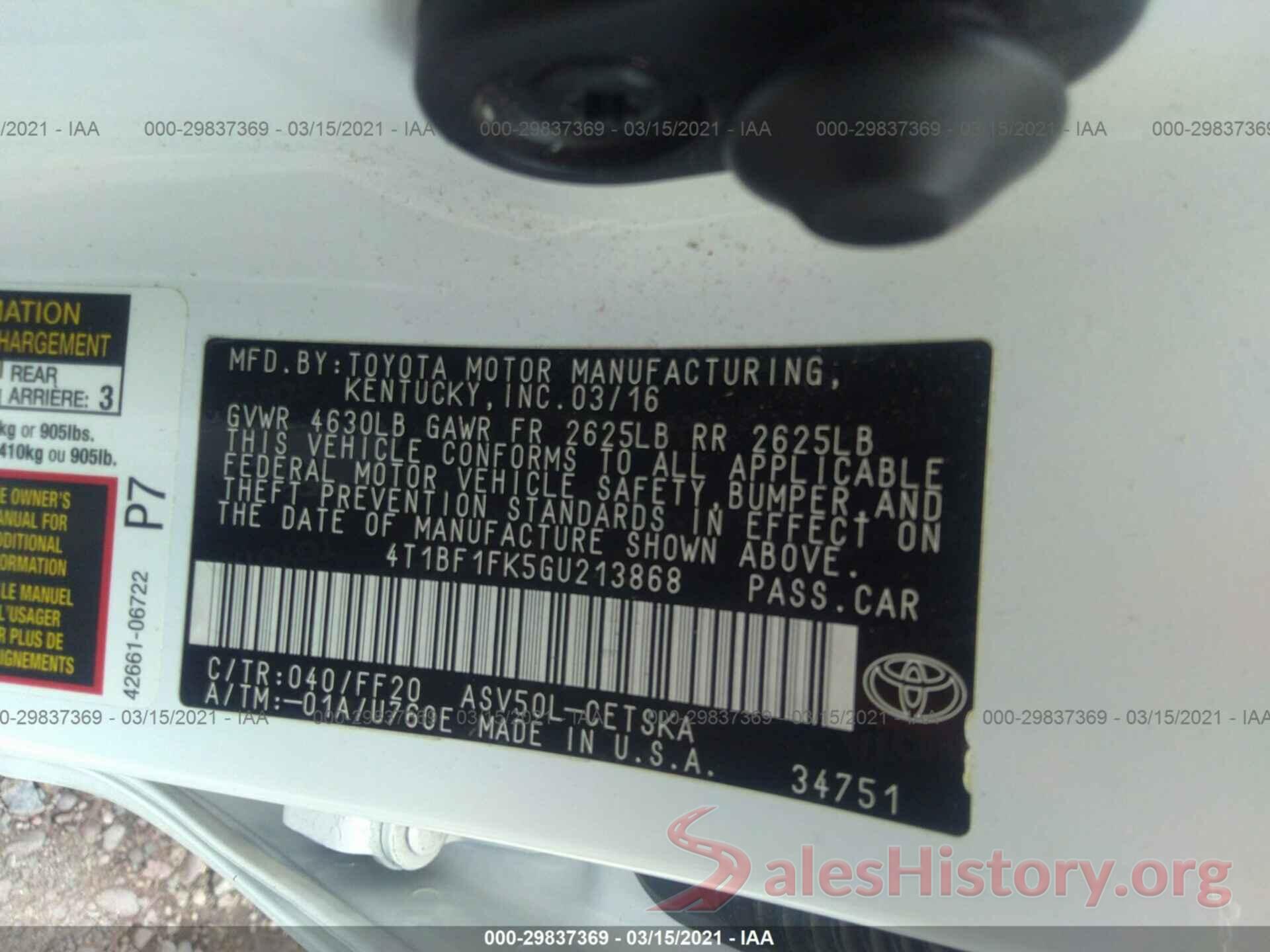 4T1BF1FK5GU213868 2016 TOYOTA CAMRY