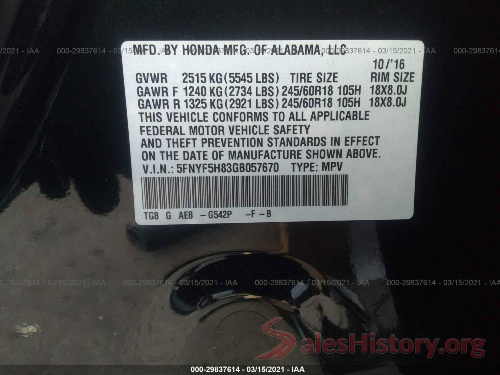 5FNYF5H83GB057670 2016 HONDA PILOT