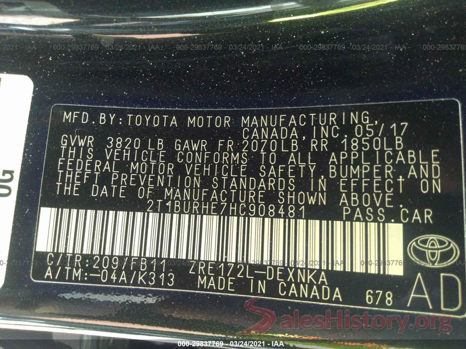 2T1BURHE7HC908481 2017 TOYOTA COROLLA