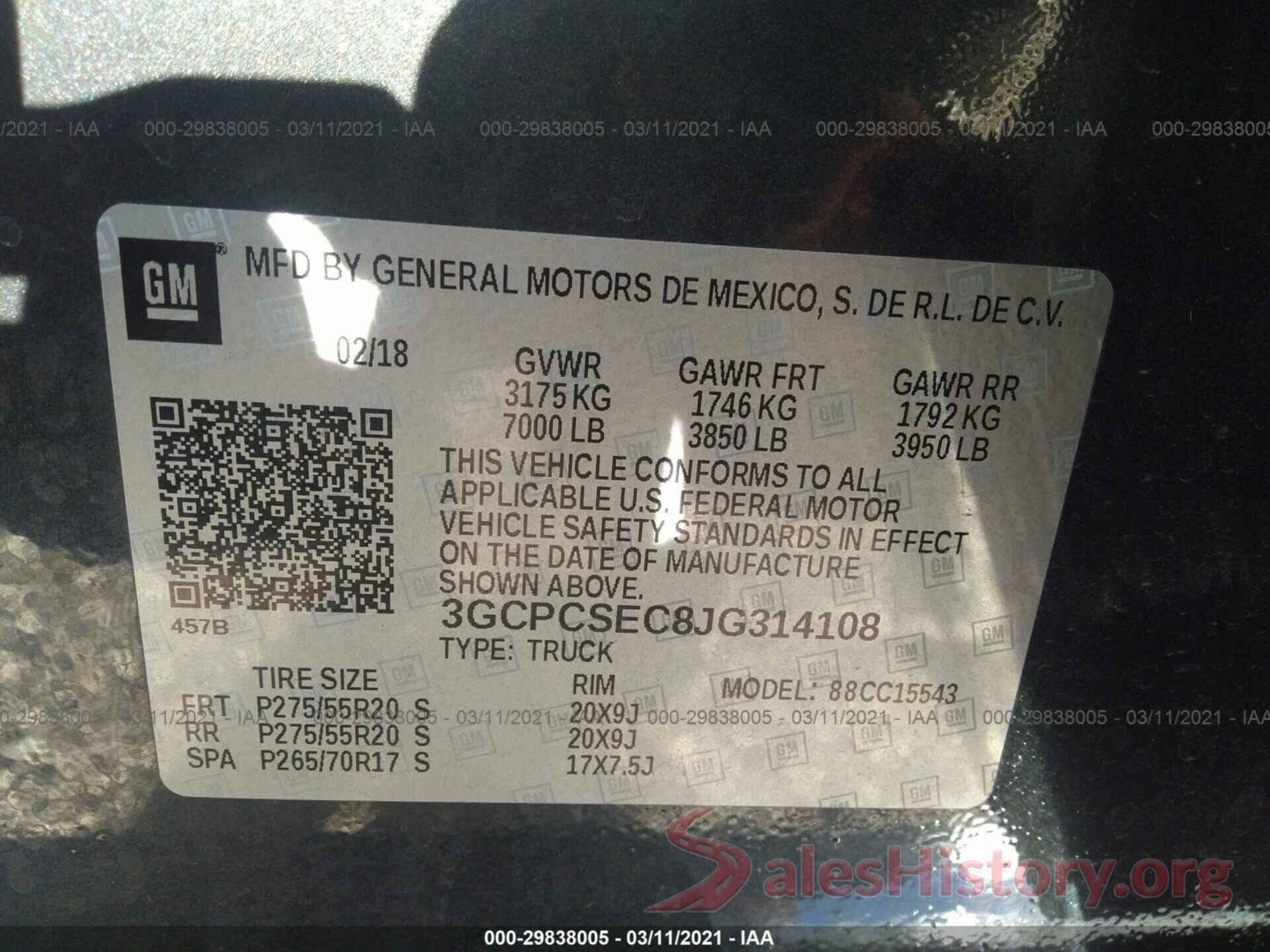 3GCPCSEC8JG314108 2018 CHEVROLET SILVERADO 1500