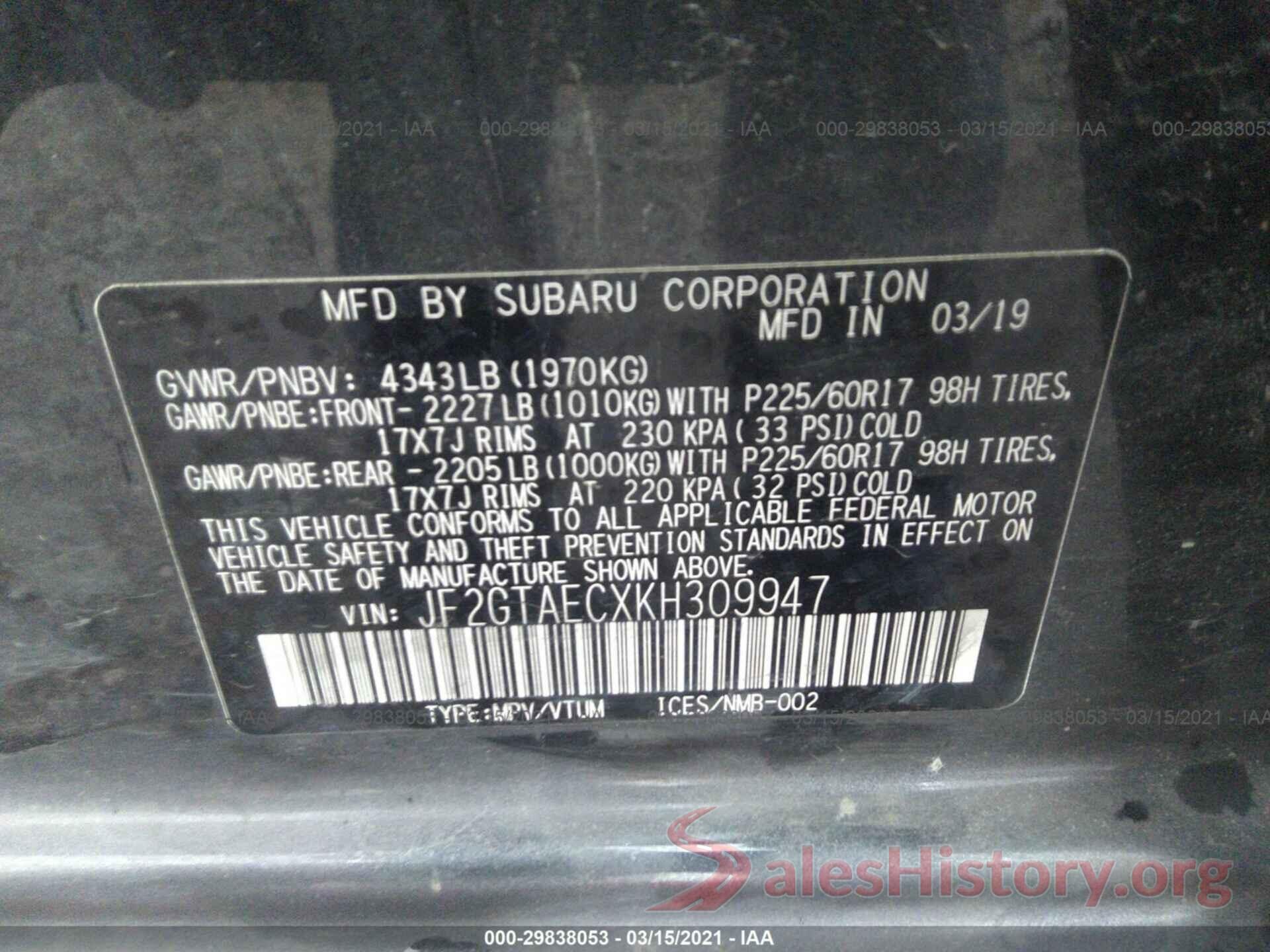 JF2GTAECXKH309947 2019 SUBARU CROSSTREK