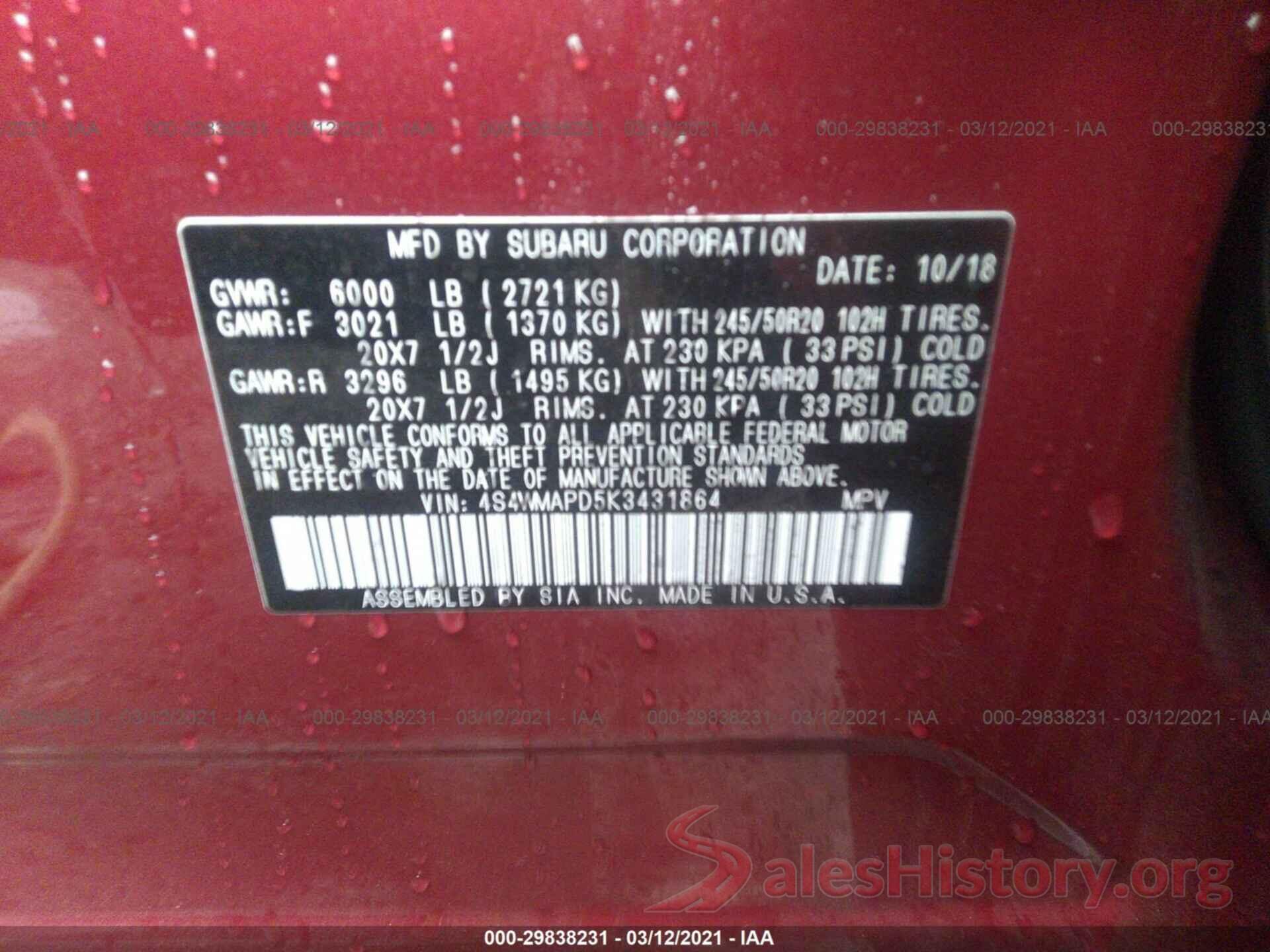 4S4WMAPD5K3431864 2019 SUBARU ASCENT