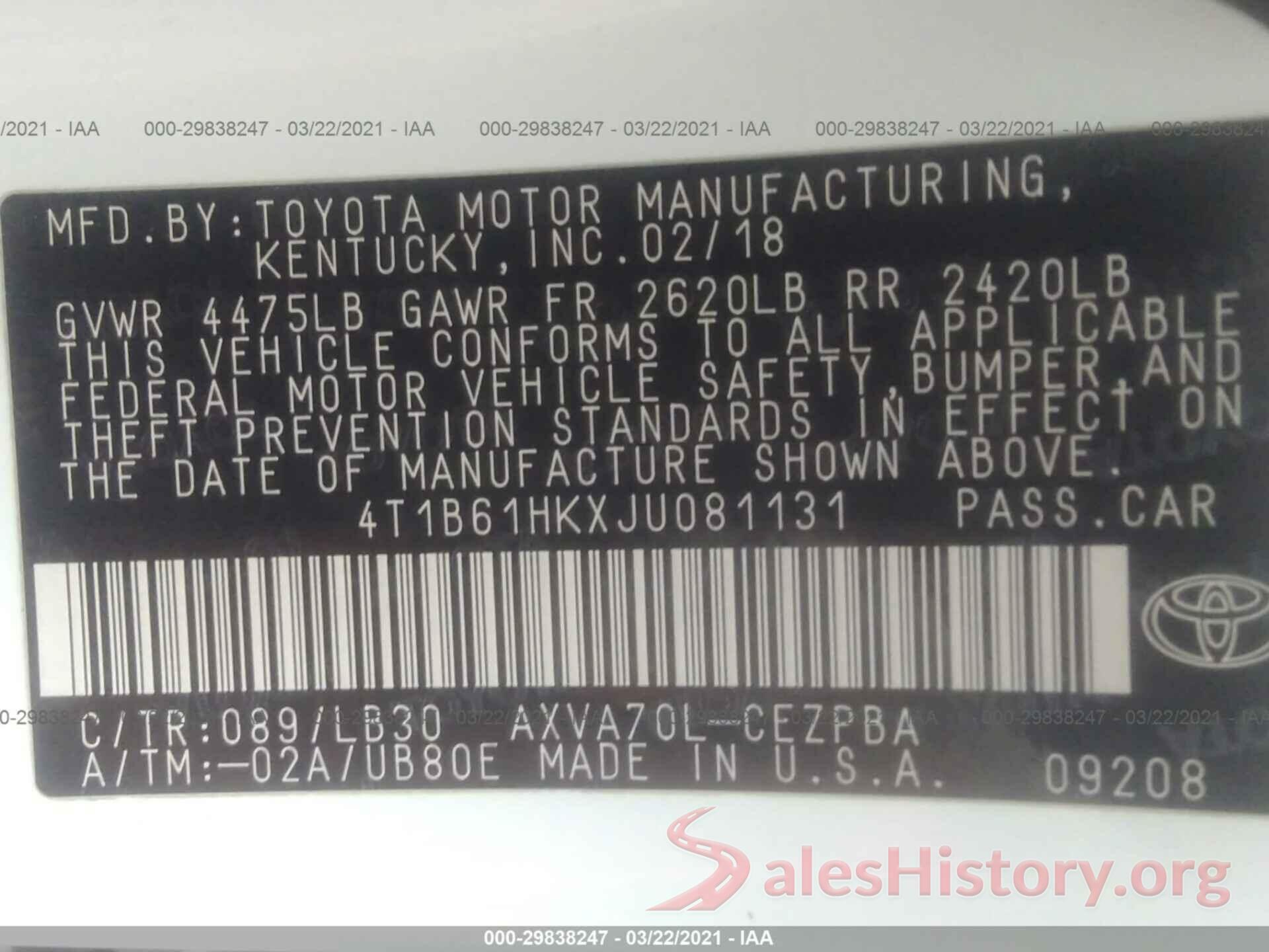 4T1B61HKXJU081131 2018 TOYOTA CAMRY