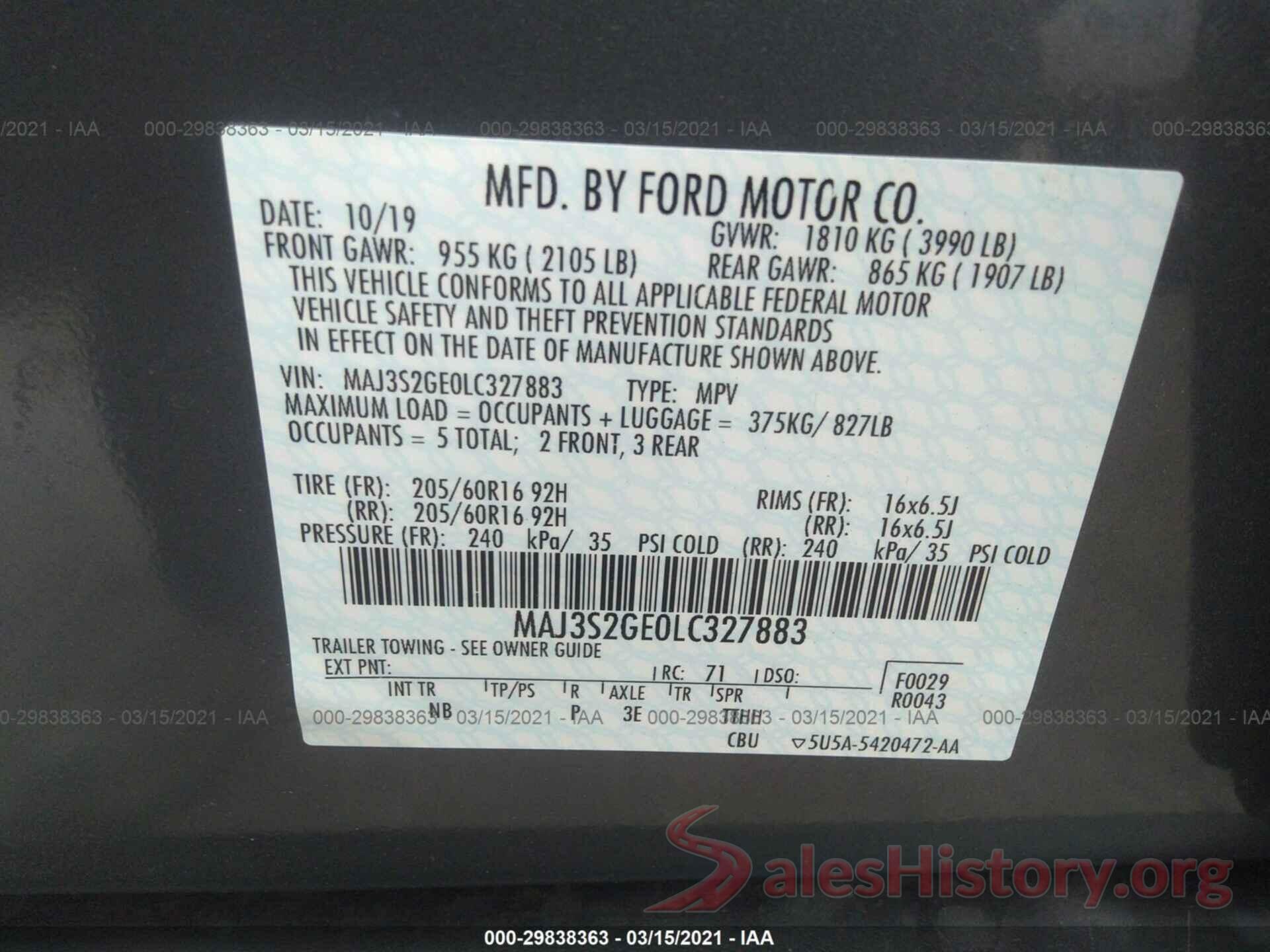 MAJ3S2GE0LC327883 2020 FORD ECOSPORT