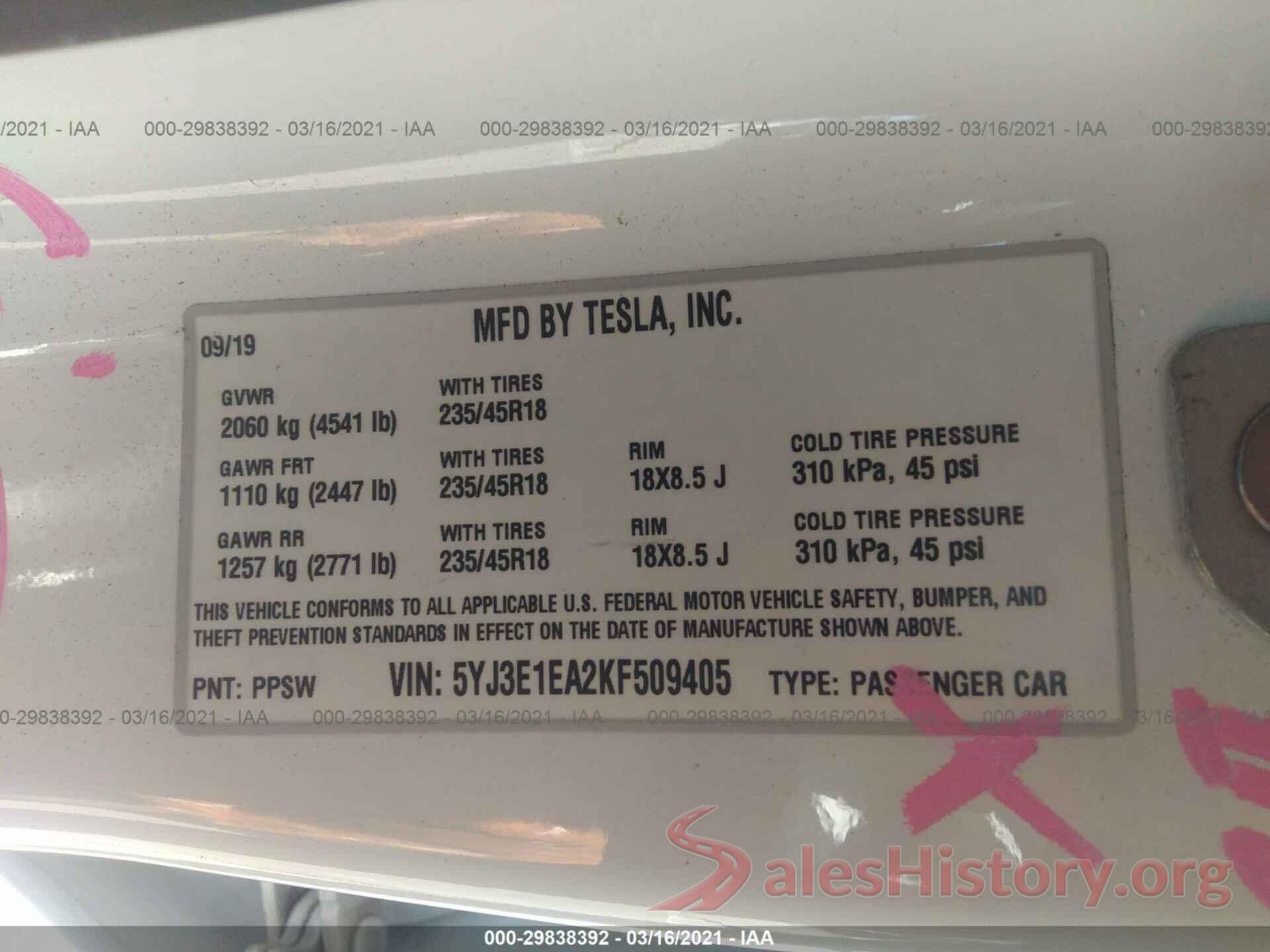 5YJ3E1EA2KF509405 2019 TESLA MODEL 3