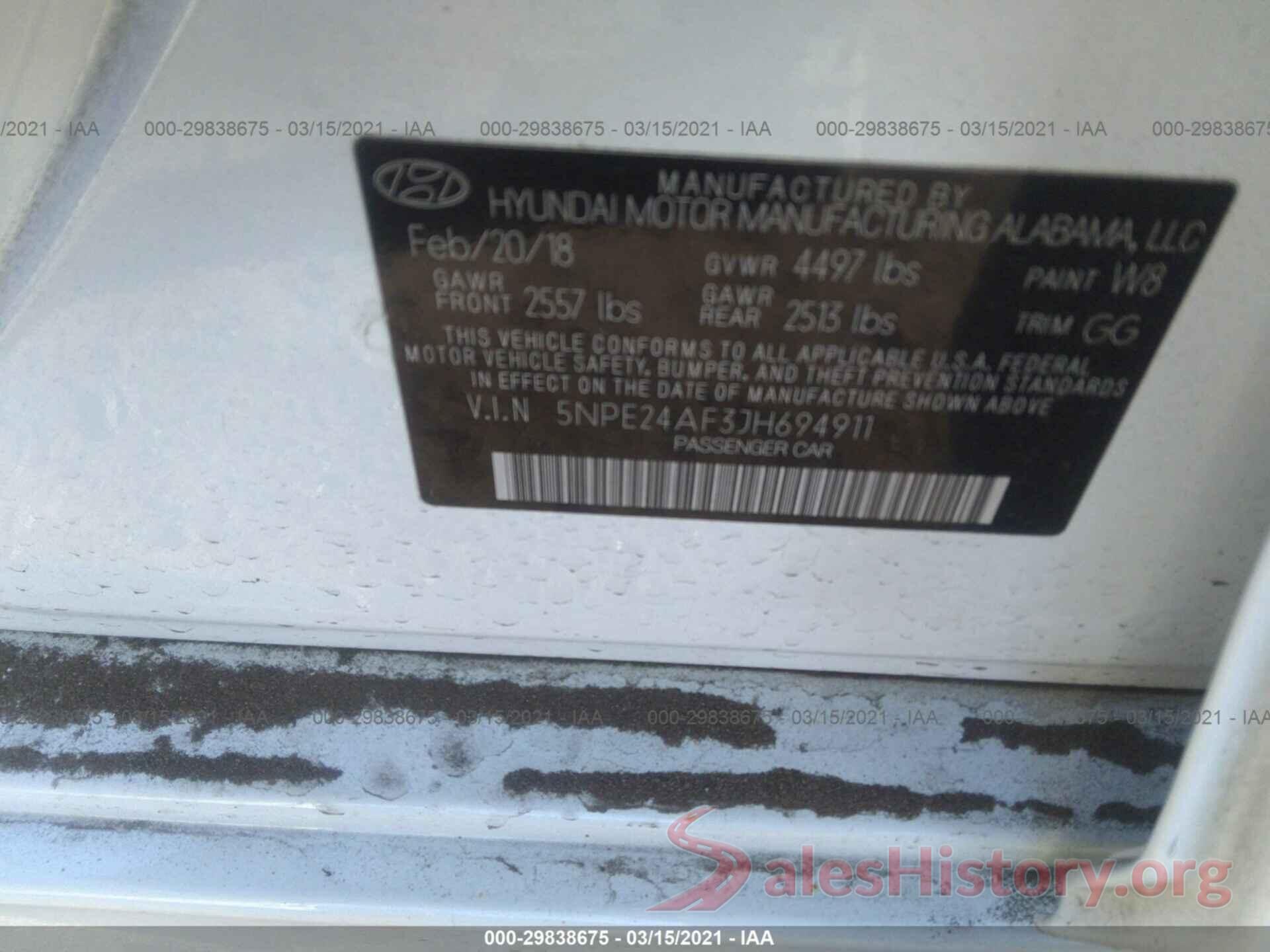 5NPE24AF3JH694911 2018 HYUNDAI SONATA