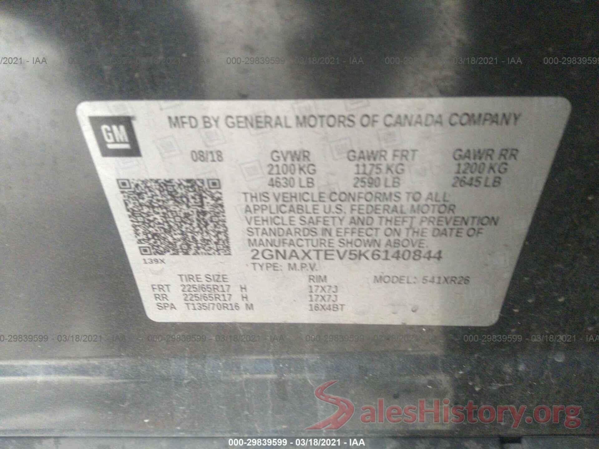 2GNAXTEV5K6140844 2019 CHEVROLET EQUINOX