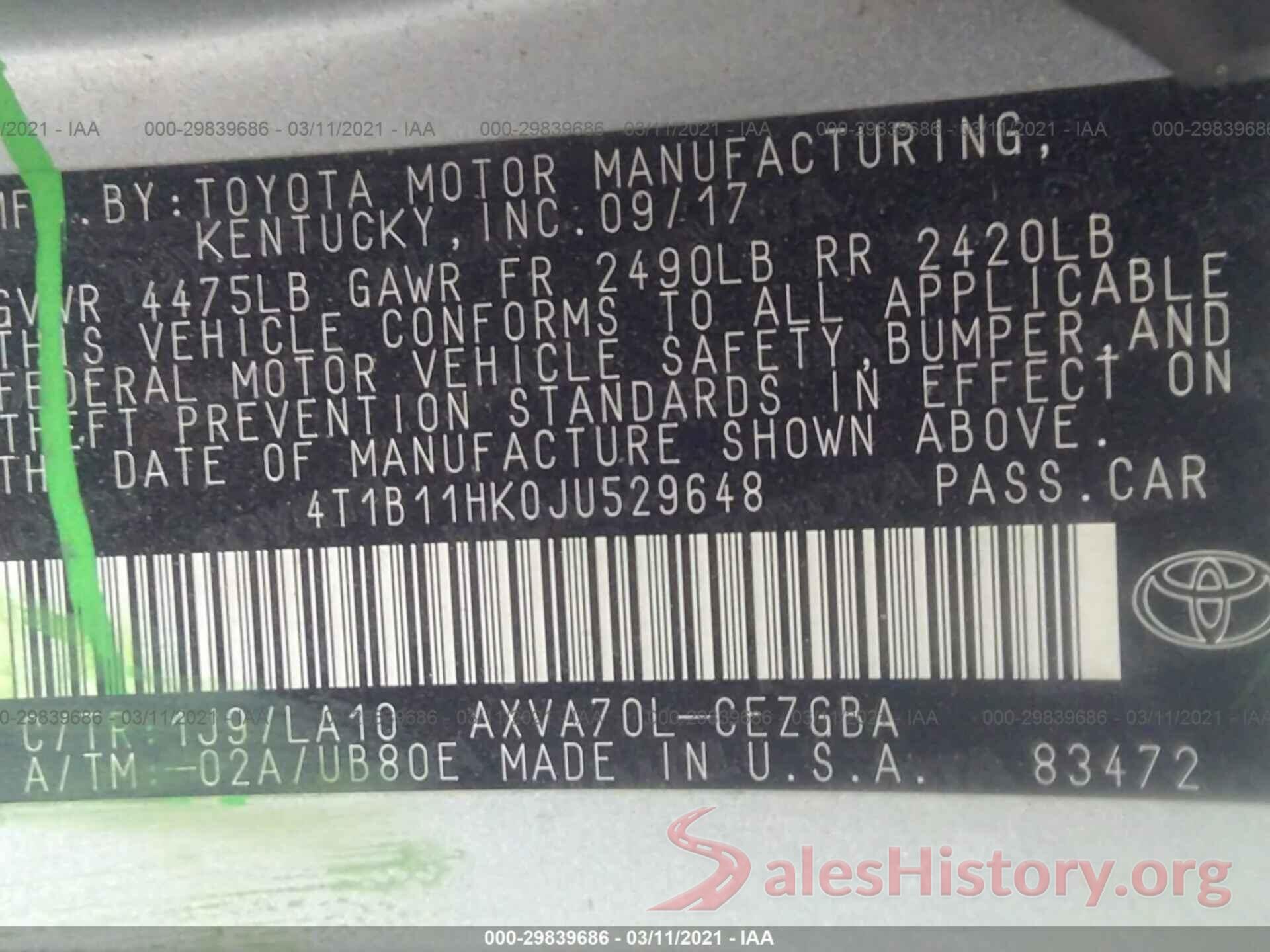 4T1B11HK0JU529648 2018 TOYOTA CAMRY