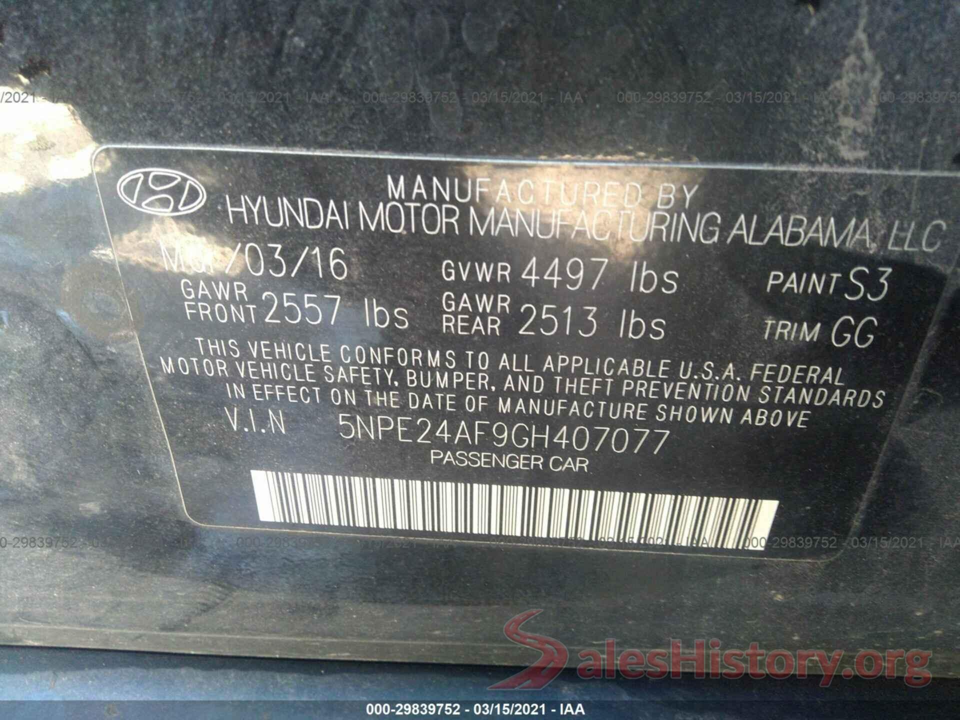 5NPE24AF9GH407077 2016 HYUNDAI SONATA