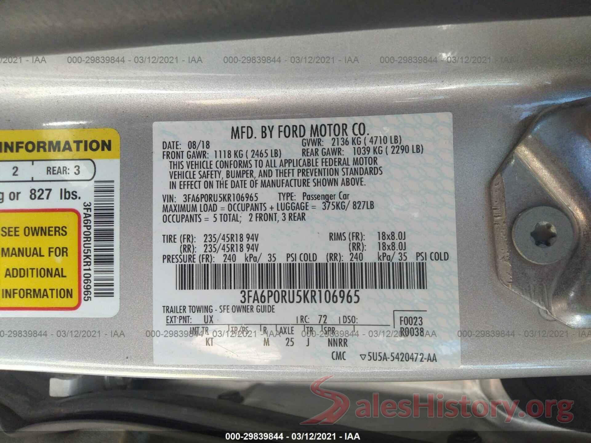 3FA6P0RU5KR106965 2019 FORD FUSION HYBRID