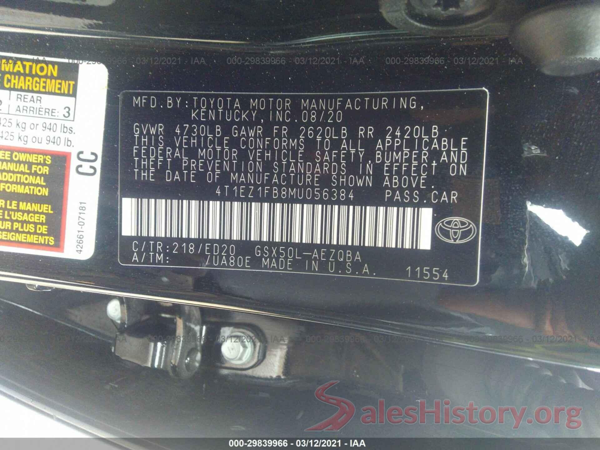 4T1EZ1FB8MU056384 2021 TOYOTA AVALON