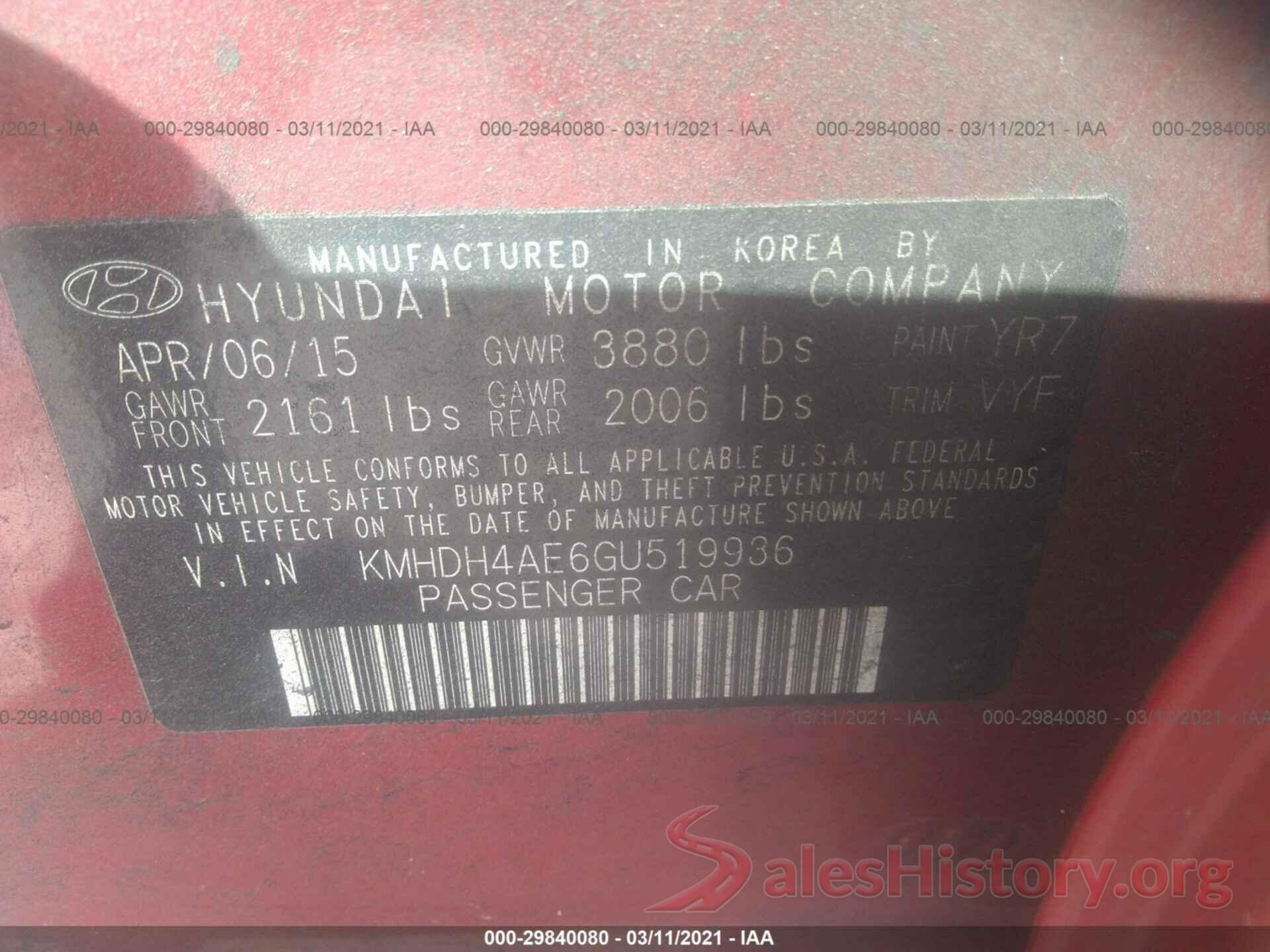 KMHDH4AE6GU519936 2016 HYUNDAI ELANTRA