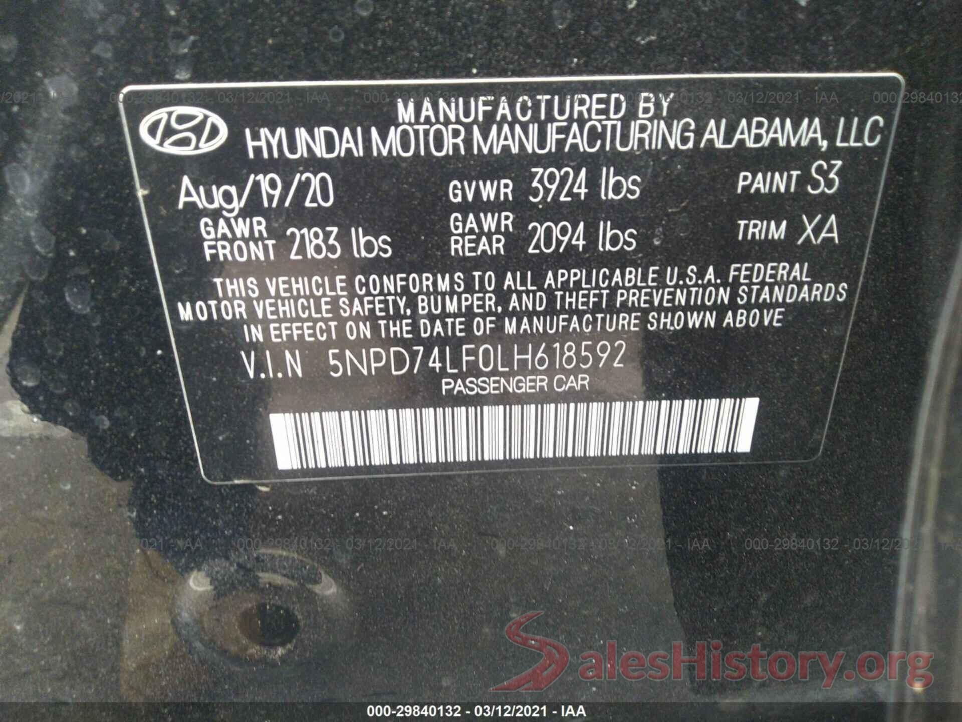 5NPD74LF0LH618592 2020 HYUNDAI ELANTRA