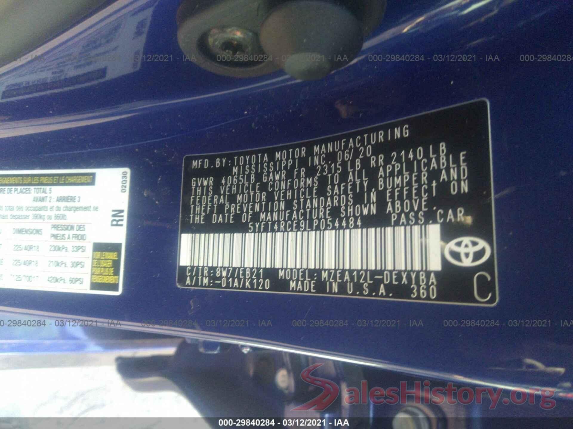 5YFT4RCE9LP054484 2020 TOYOTA COROLLA