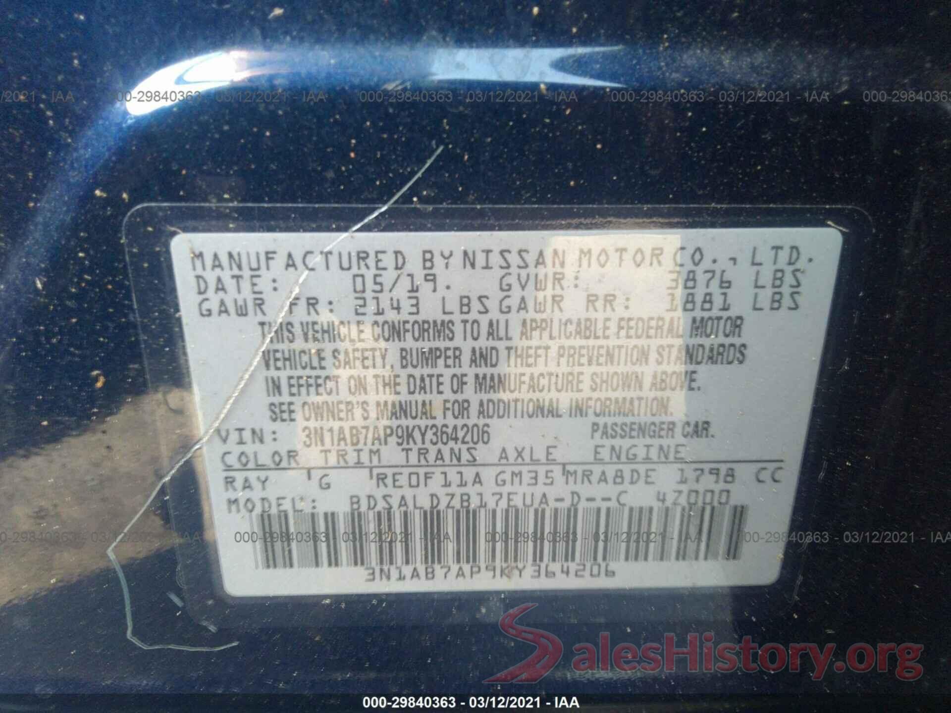 3N1AB7AP9KY364206 2019 NISSAN SENTRA