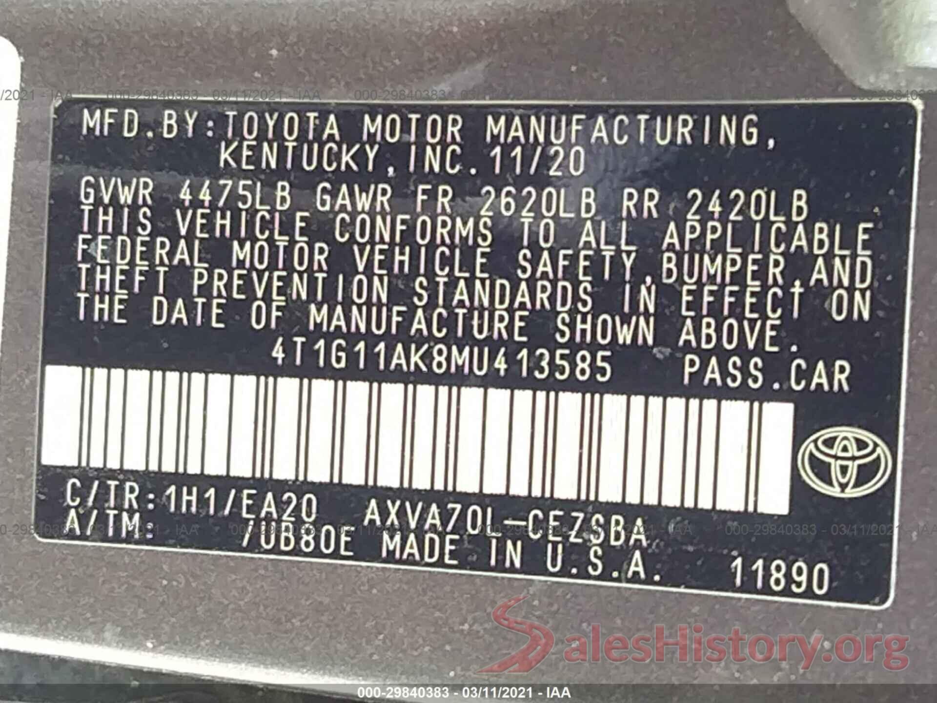 4T1G11AK8MU413585 2021 TOYOTA CAMRY