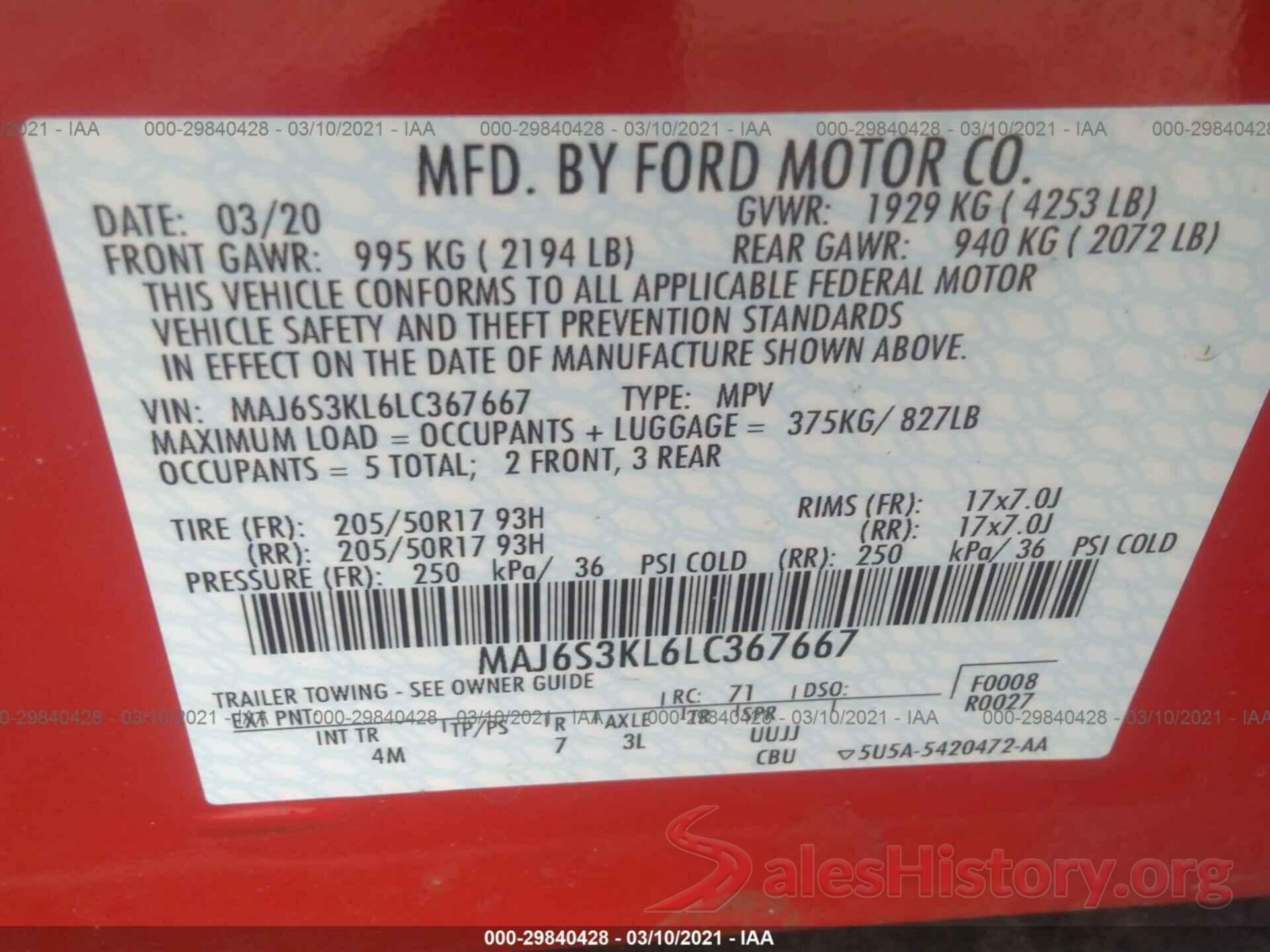 MAJ6S3KL6LC367667 2020 FORD ECOSPORT