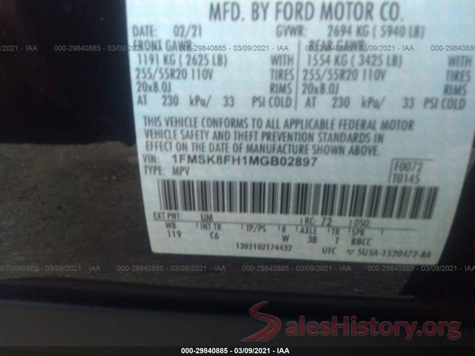 1FMSK8FH1MGB02897 2021 FORD EXPLORER