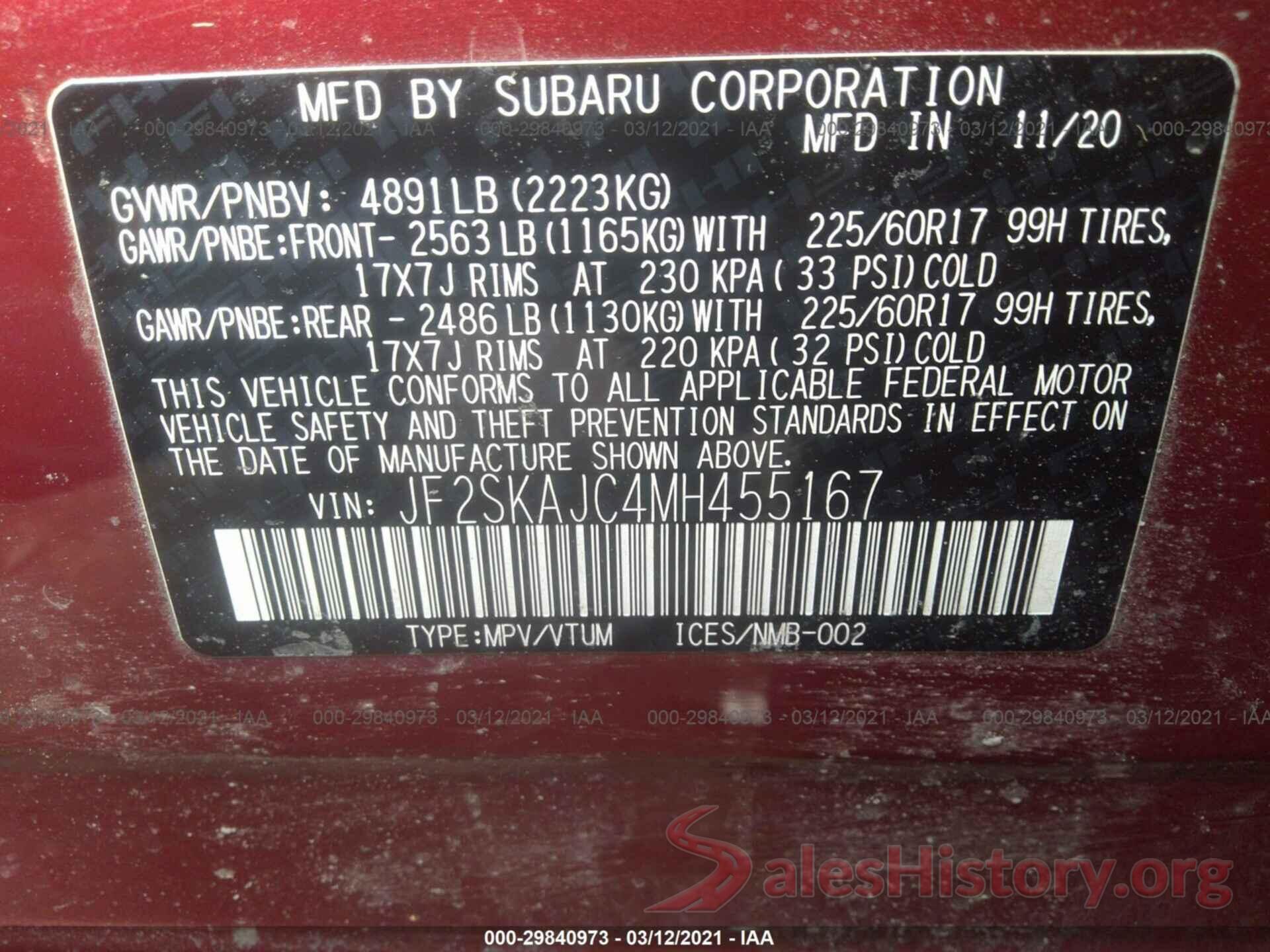 JF2SKAJC4MH455167 2021 SUBARU FORESTER