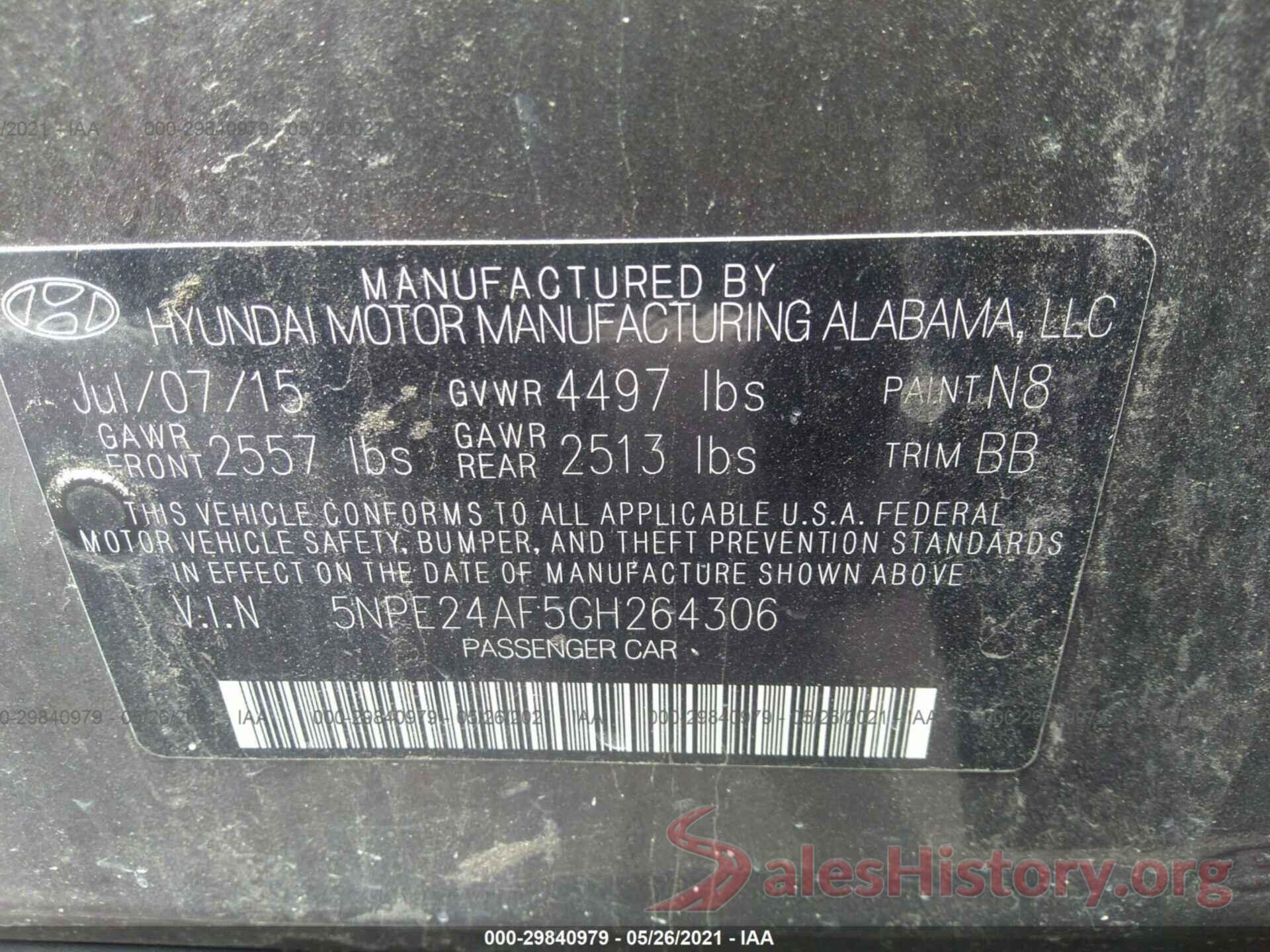 5NPE24AF5GH264306 2016 HYUNDAI SONATA