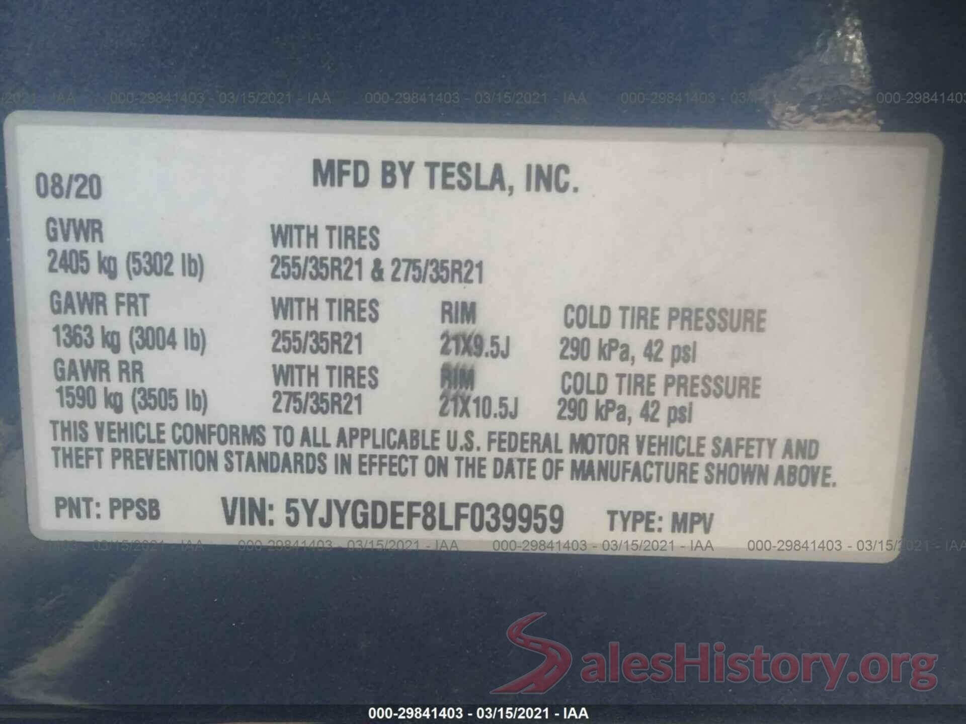 5YJYGDEF8LF039959 2020 TESLA MODEL Y