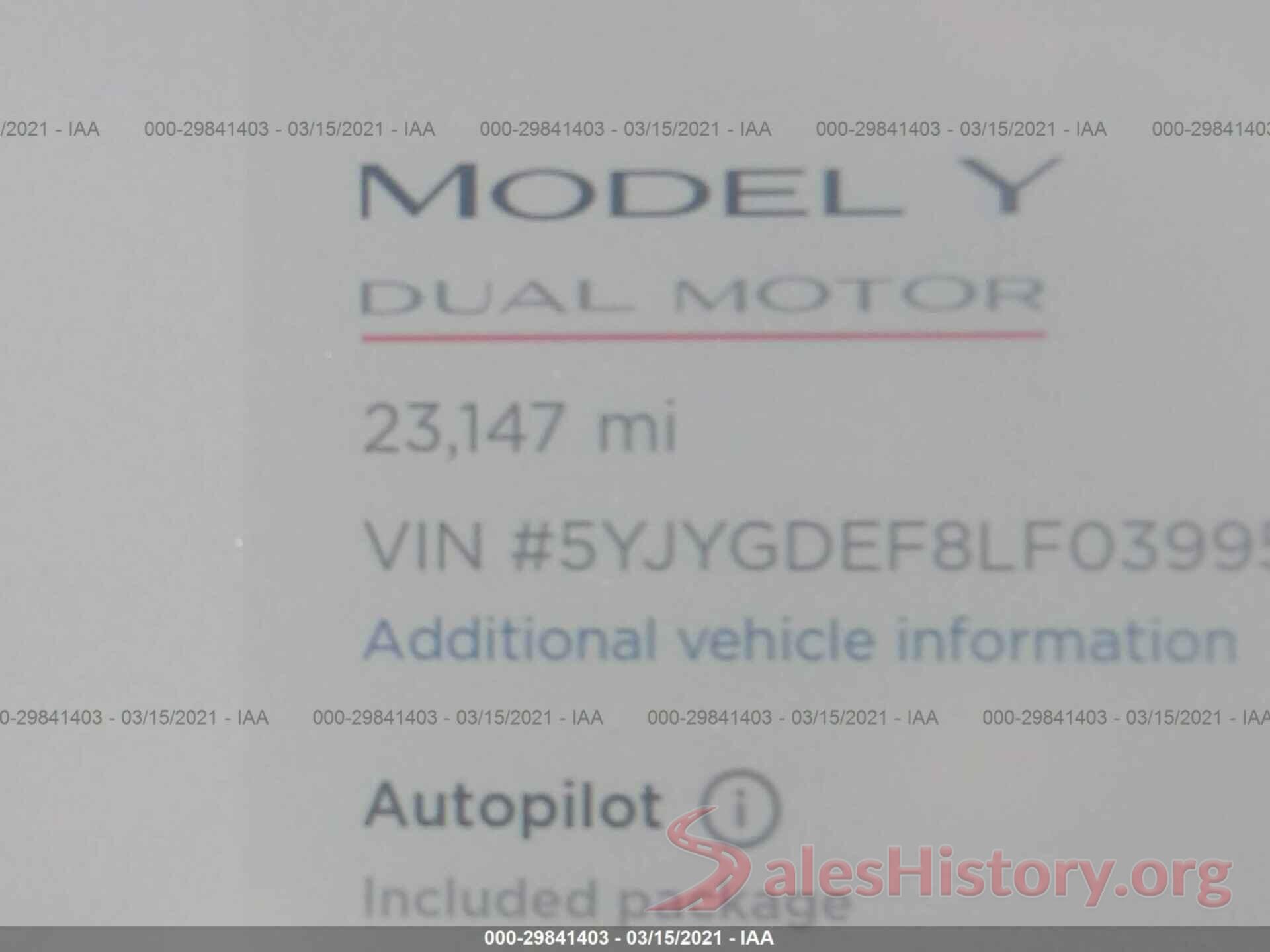 5YJYGDEF8LF039959 2020 TESLA MODEL Y