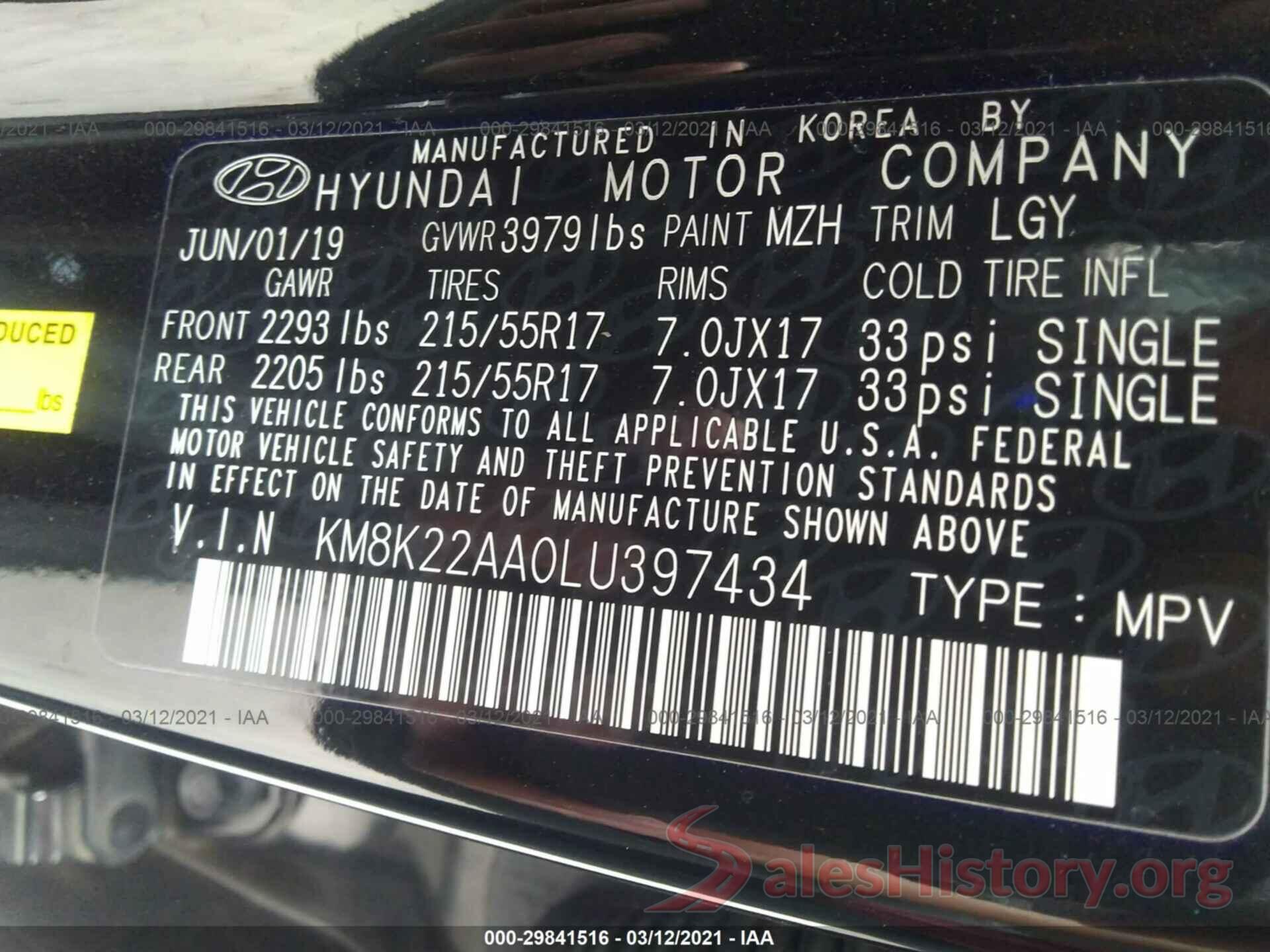 KM8K22AA0LU397434 2020 HYUNDAI KONA