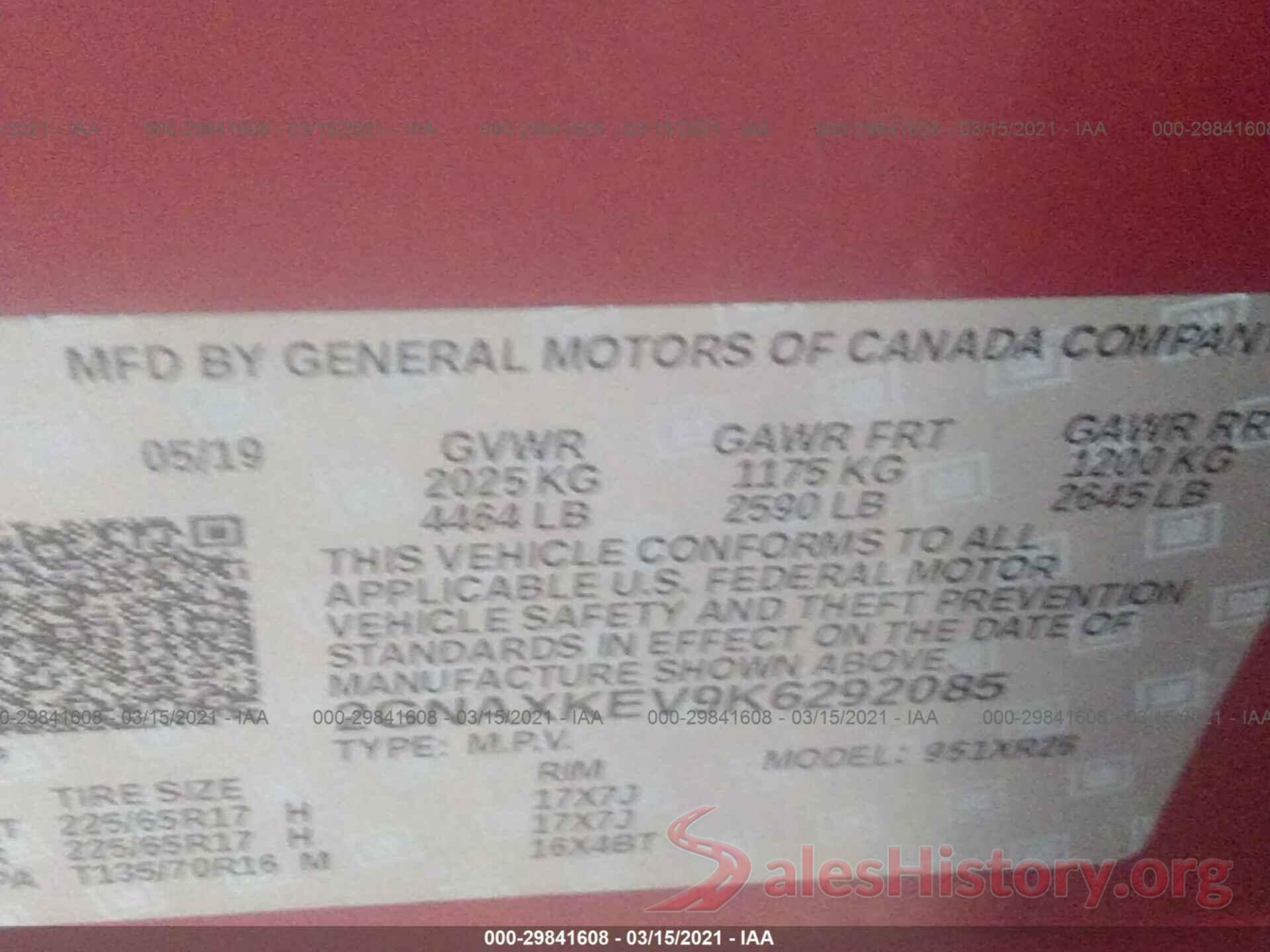 2GNAXKEV9K6292085 2019 CHEVROLET EQUINOX