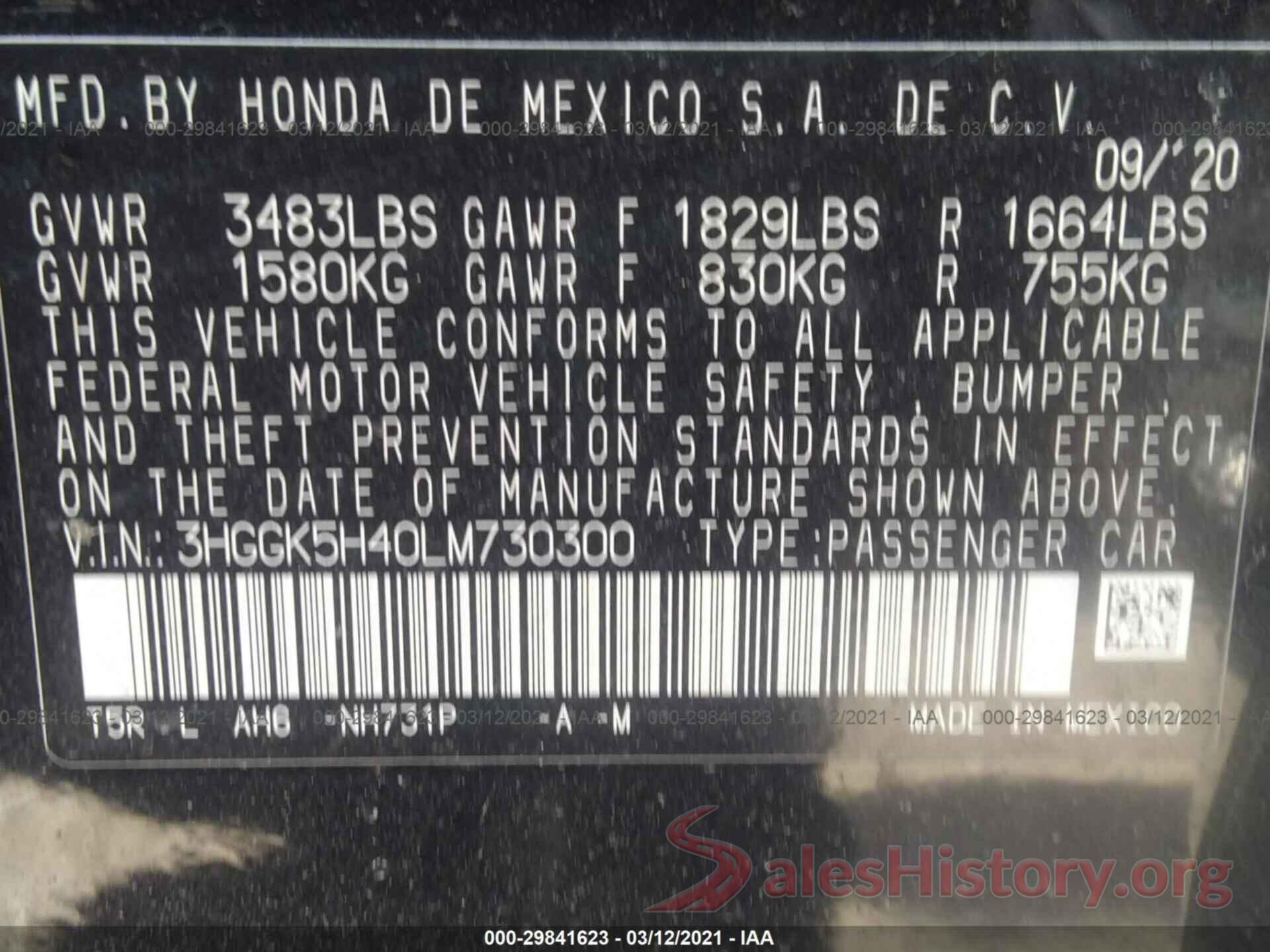 3HGGK5H40LM730300 2020 HONDA FIT