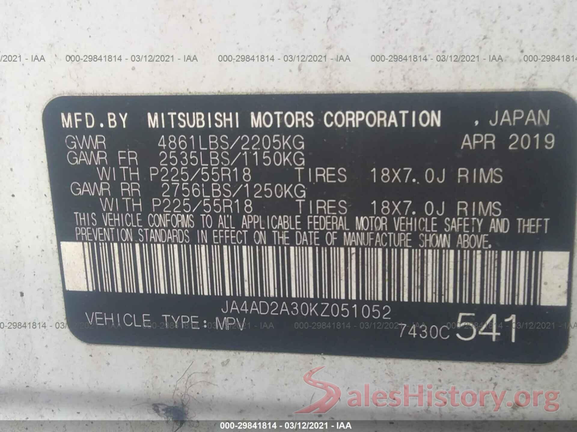 JA4AD2A30KZ051052 2019 MITSUBISHI OUTLANDER