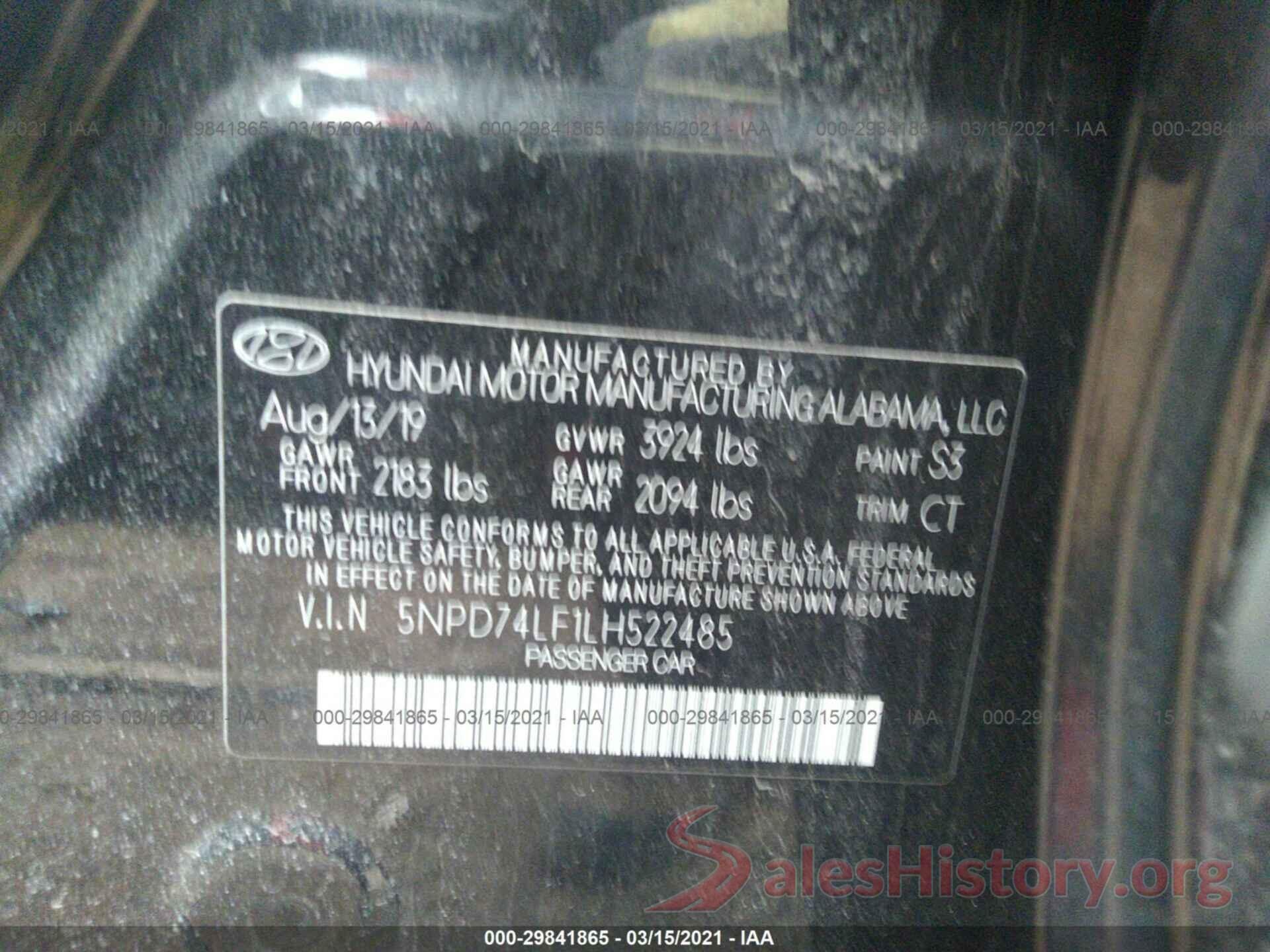 5NPD74LF1LH522485 2020 HYUNDAI ELANTRA